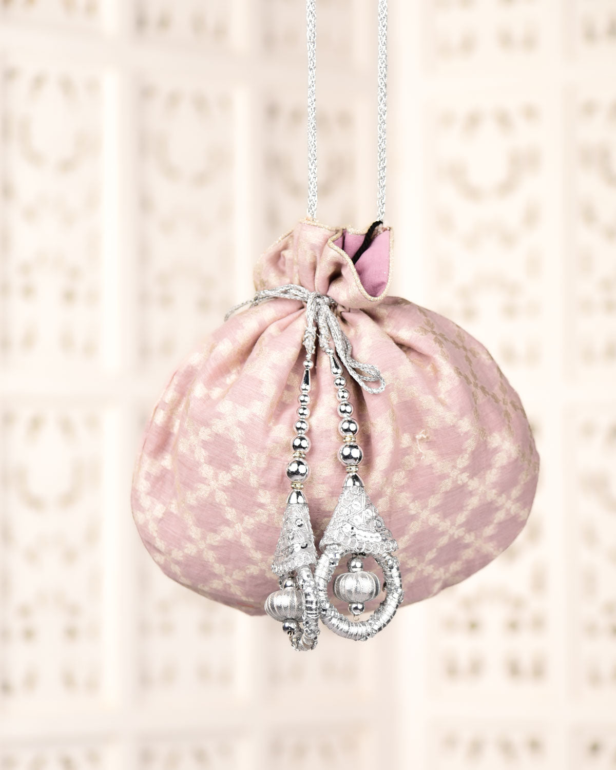 Rosy Brown Banarasi Silver Zari Cutwork Brocade Handwoven Cotton Silk Potli 10"x10"-HolyWeaves