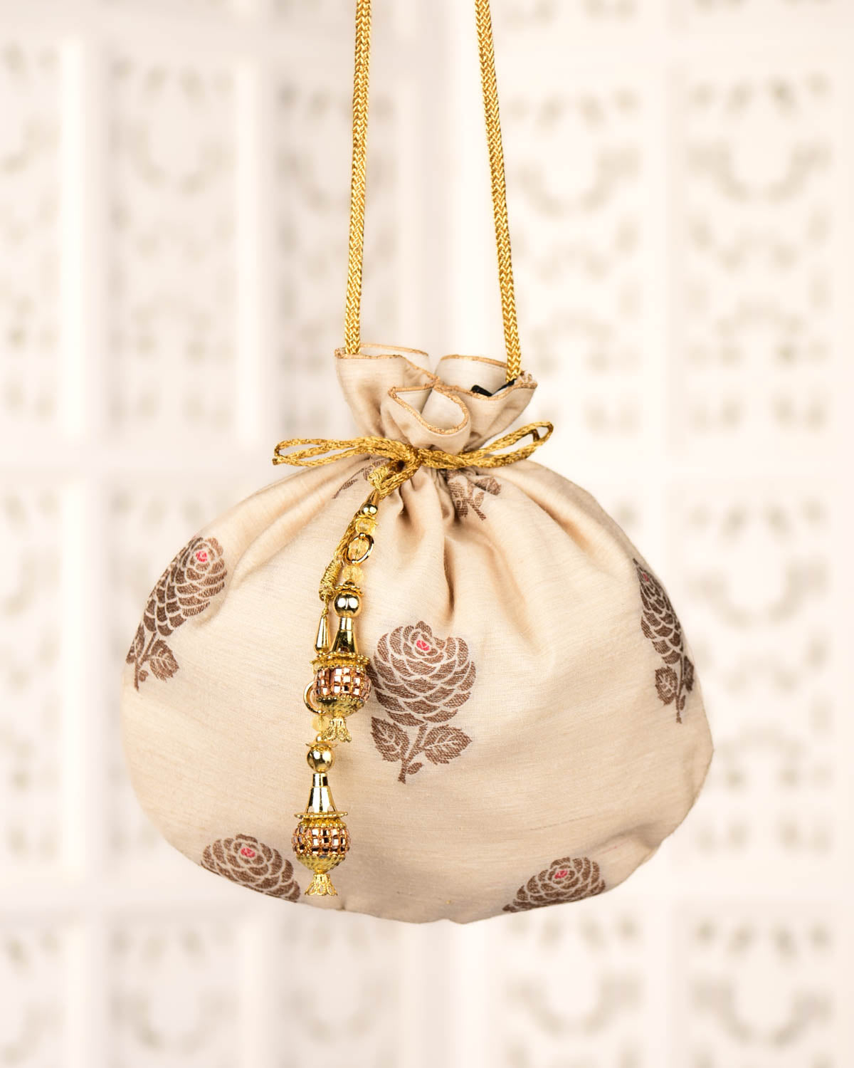 Beige Banarasi Gulab Antique Zari Buta Pink Meena Cutwork Brocade Handwoven Katan Muga Potli 10"x10"-HolyWeaves