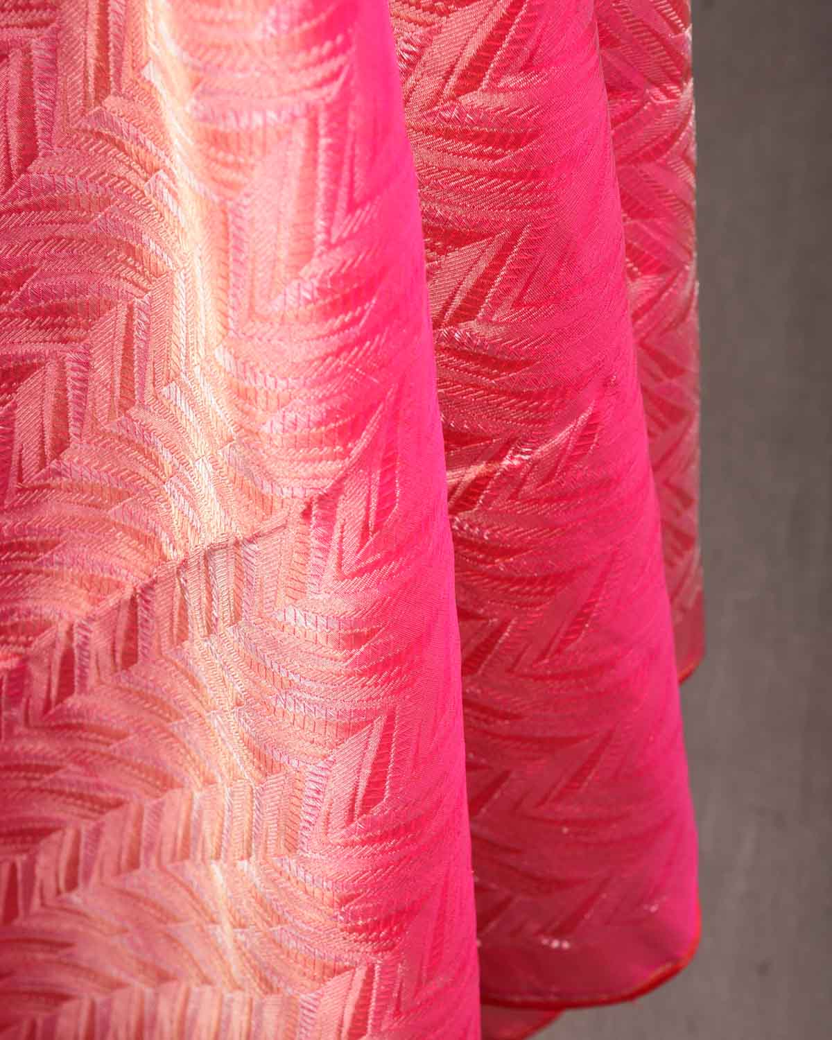 Shot Red-Pink Banarasi Gold & Silver Zari Alfi Chevron Brocade Handwoven Katan Silk Dupatta-HolyWeaves