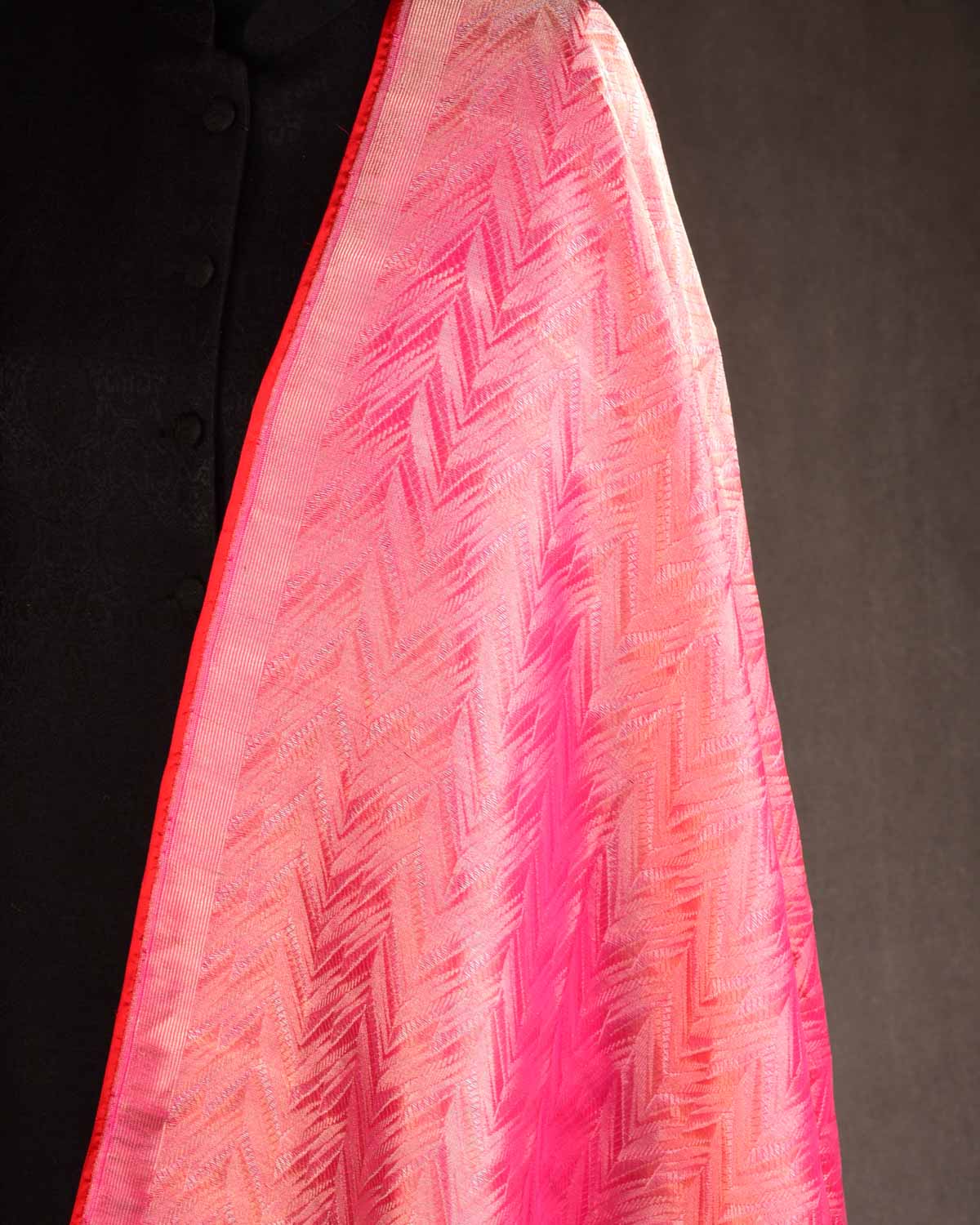 Shot Red-Pink Banarasi Gold & Silver Zari Alfi Chevron Brocade Handwoven Katan Silk Dupatta-HolyWeaves