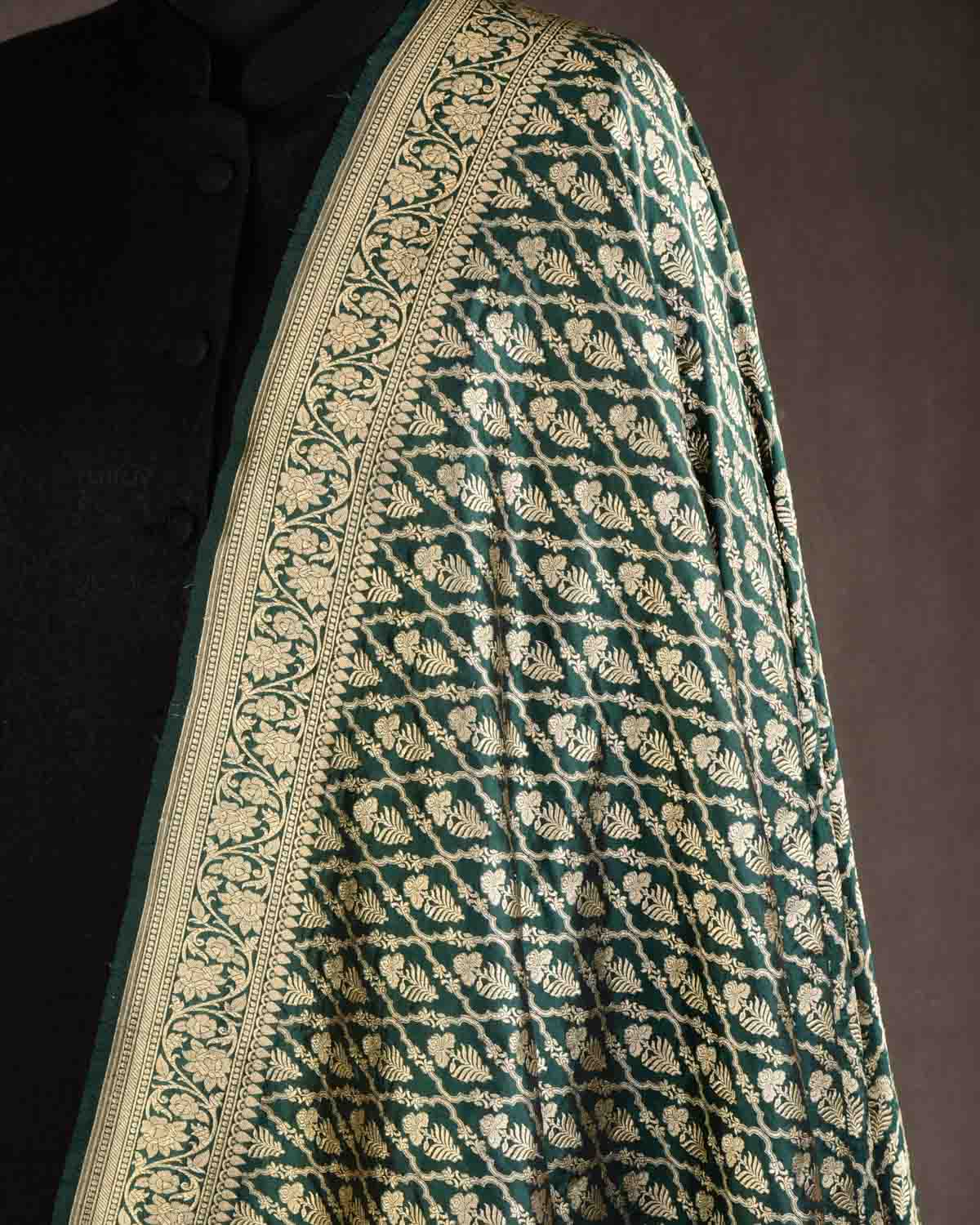 Sacramento Green Banarasi Gold Zari Jangla Cutwork Brocade Handwoven Katan Silk Dupatta with Koniya Buta-HolyWeaves