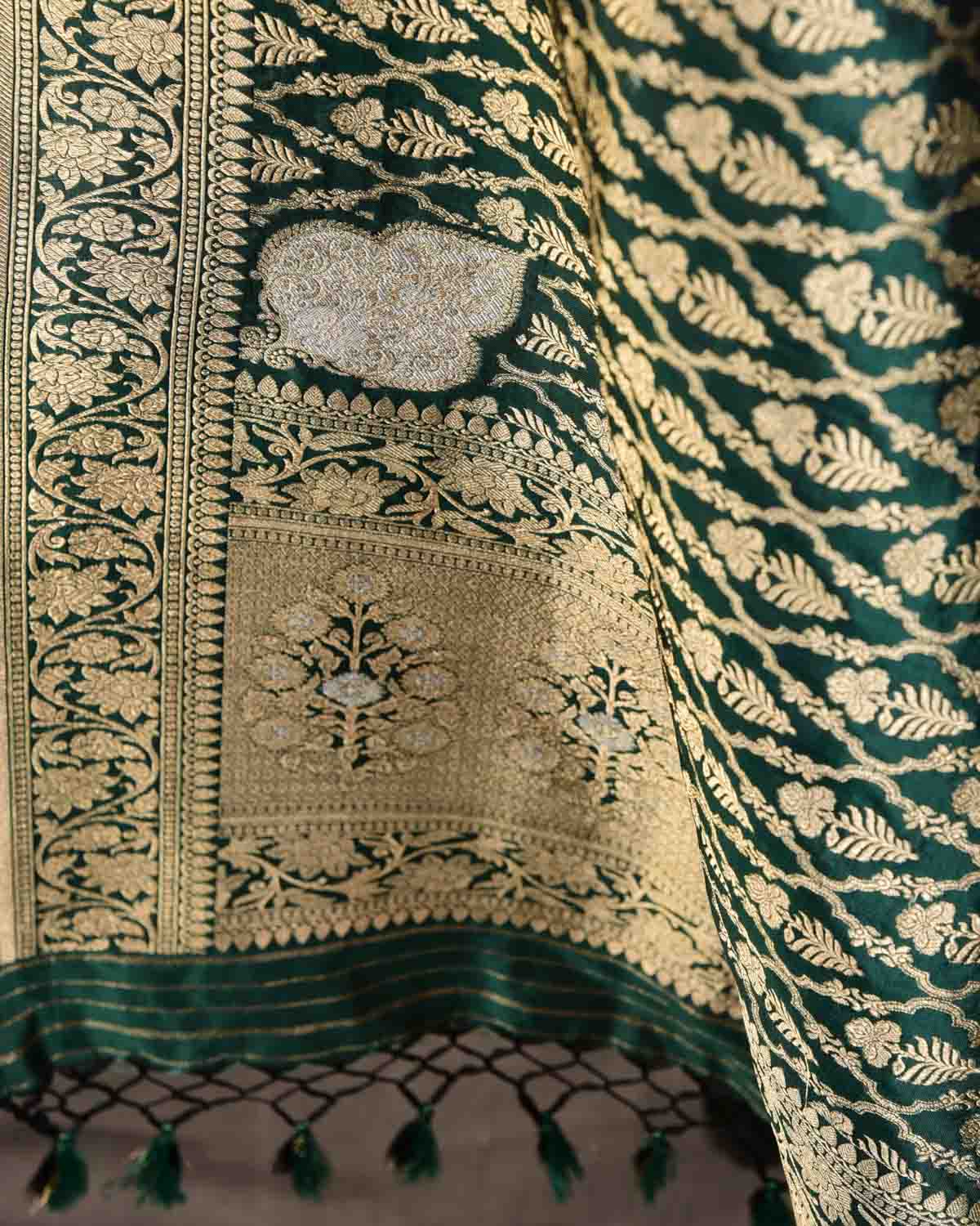 Sacramento Green Banarasi Gold Zari Jangla Cutwork Brocade Handwoven Katan Silk Dupatta with Koniya Buta-HolyWeaves