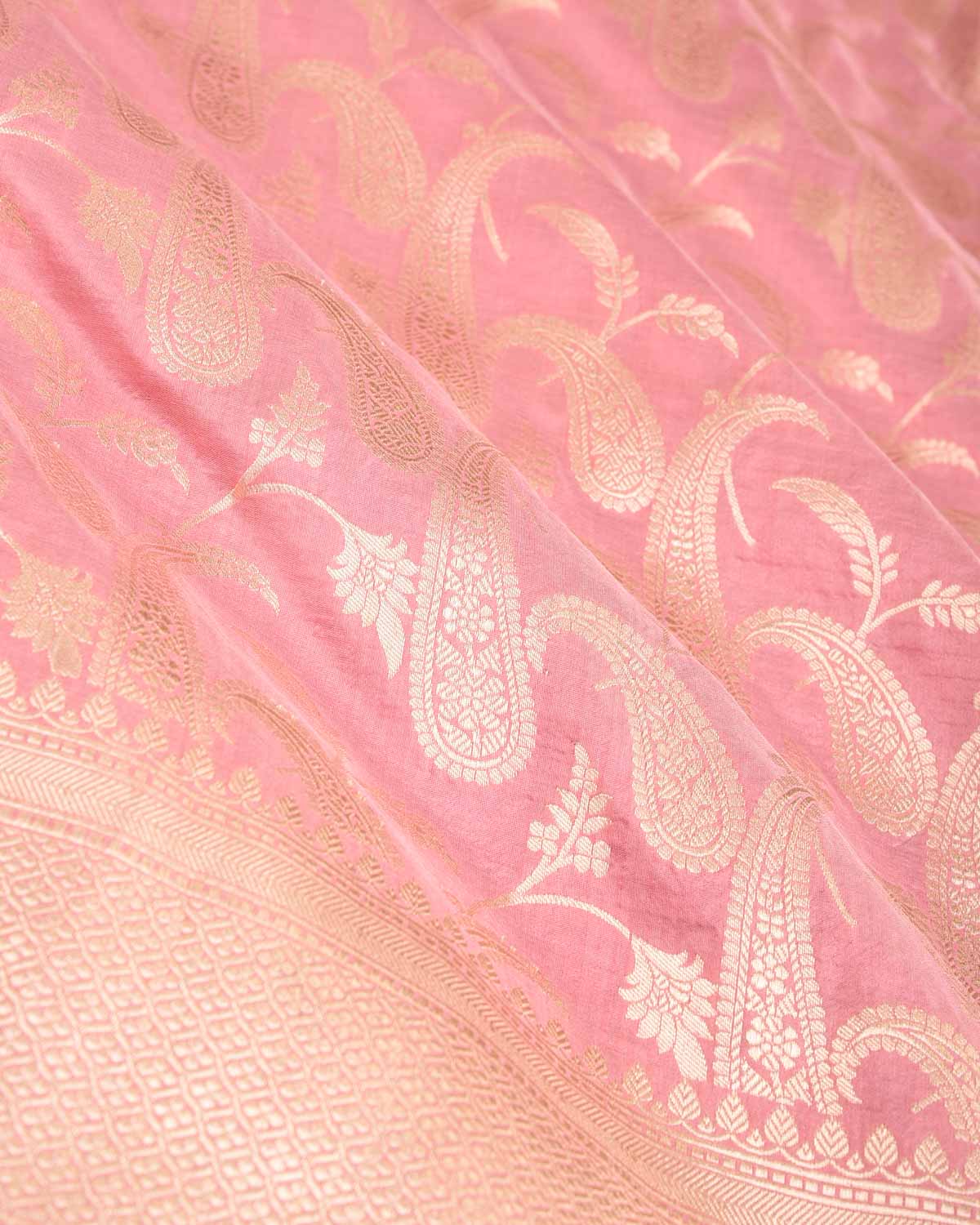 Rose Pink Gold Zari Paisley Jaal Cutwork Brocade Handwoven Katan Silk Banarasi Saree-HolyWeaves