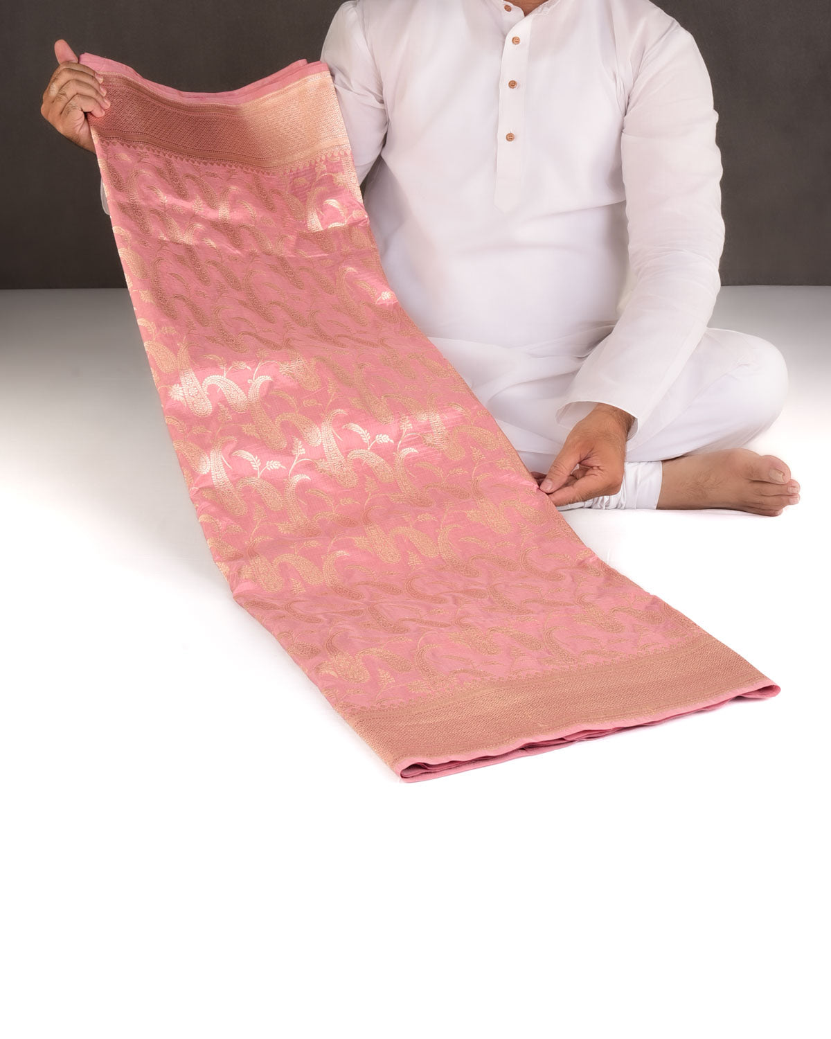 Rose Pink Gold Zari Paisley Jaal Cutwork Brocade Handwoven Katan Silk Banarasi Saree-HolyWeaves