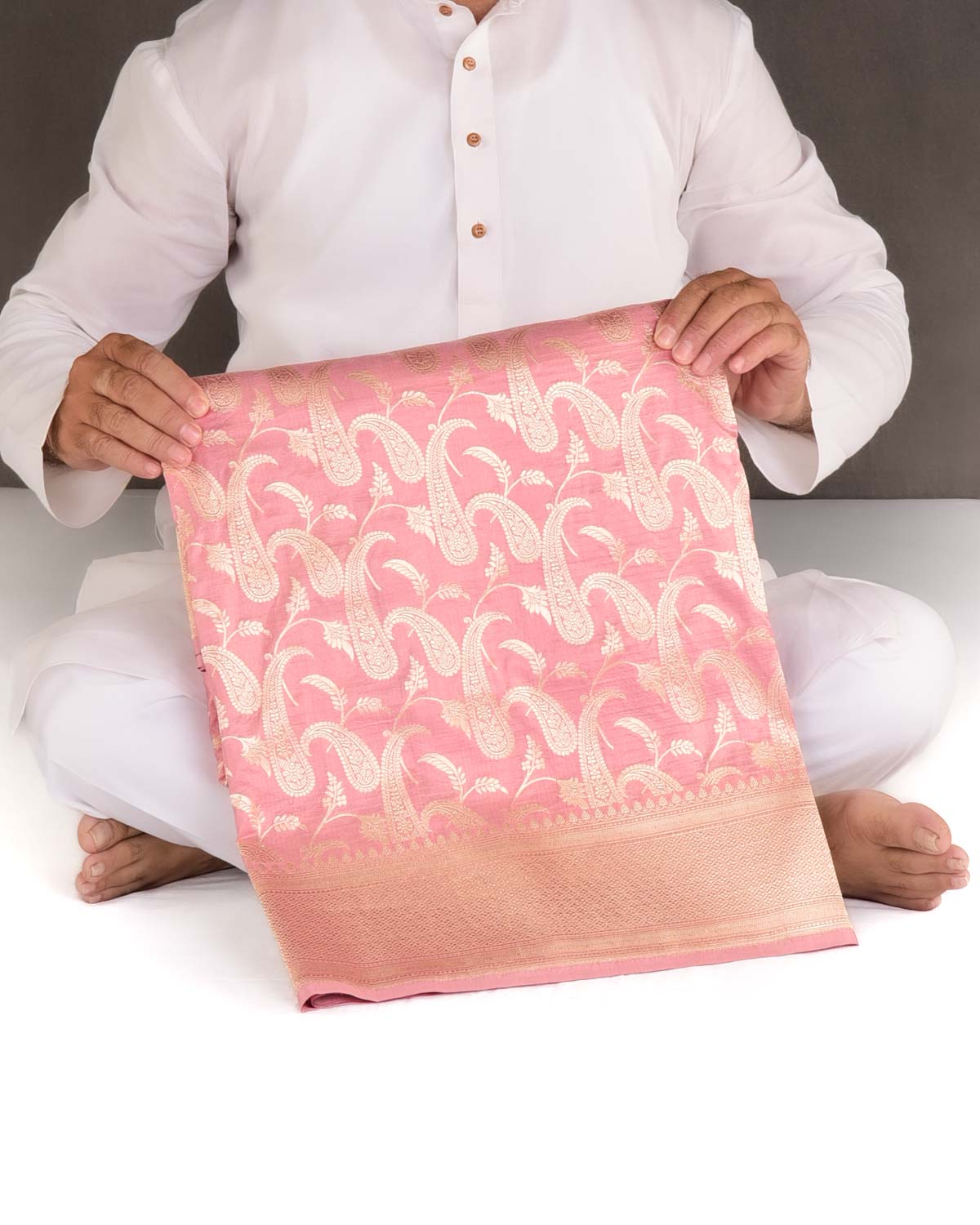 Rose Pink Gold Zari Paisley Jaal Cutwork Brocade Handwoven Katan Silk Banarasi Saree-HolyWeaves