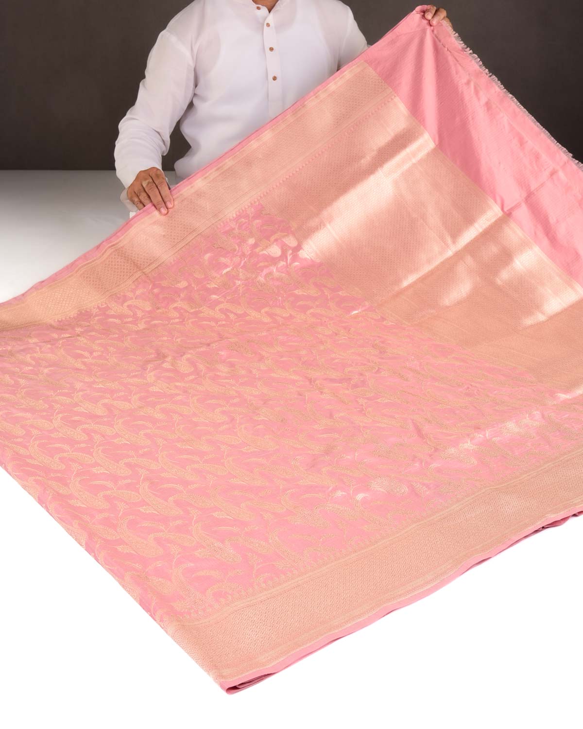 Rose Pink Gold Zari Paisley Jaal Cutwork Brocade Handwoven Katan Silk Banarasi Saree-HolyWeaves