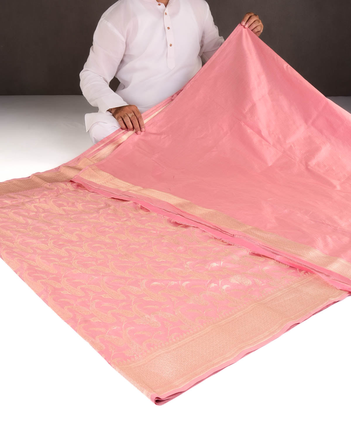 Rose Pink Gold Zari Paisley Jaal Cutwork Brocade Handwoven Katan Silk Banarasi Saree-HolyWeaves