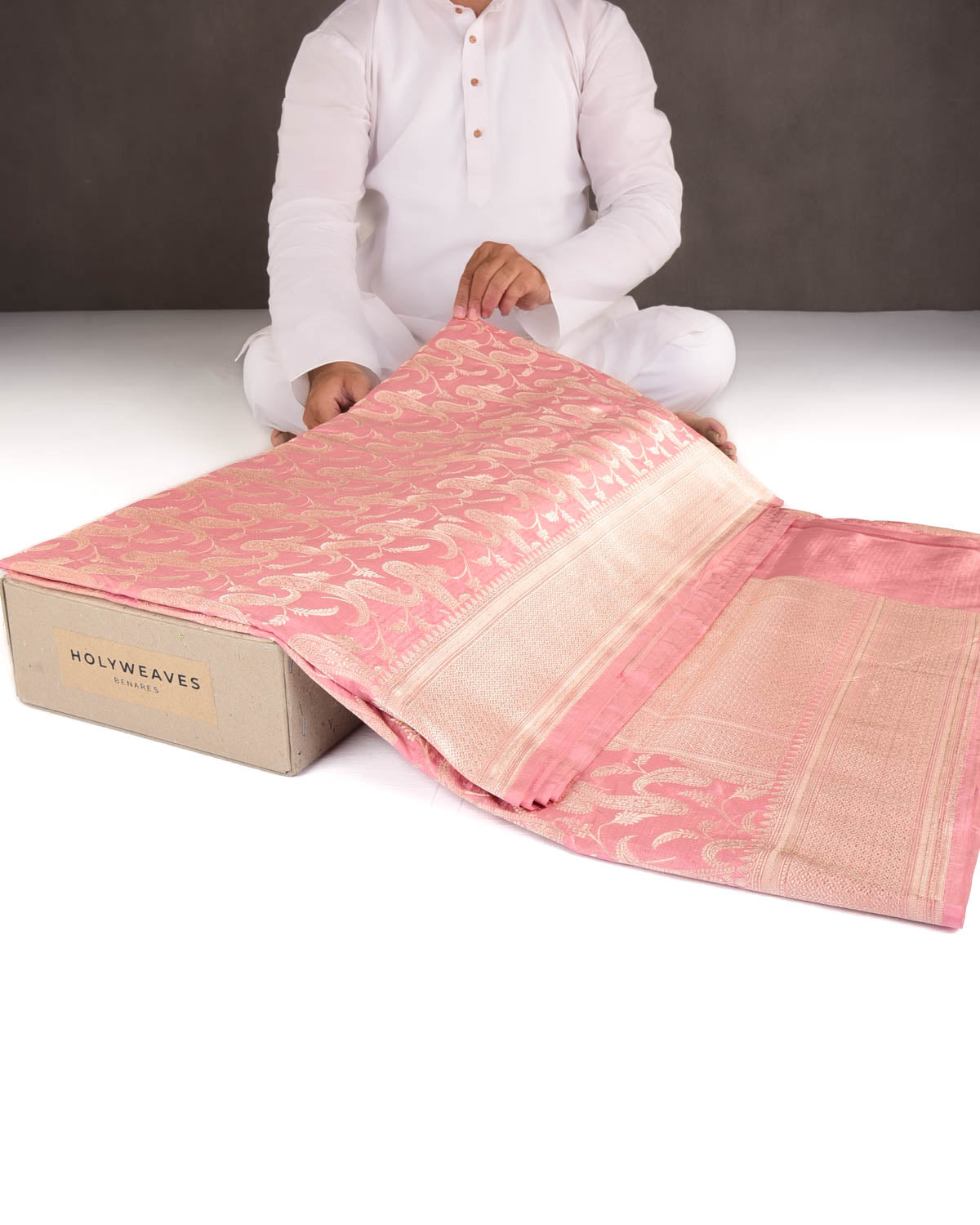Rose Pink Gold Zari Paisley Jaal Cutwork Brocade Handwoven Katan Silk Banarasi Saree-HolyWeaves