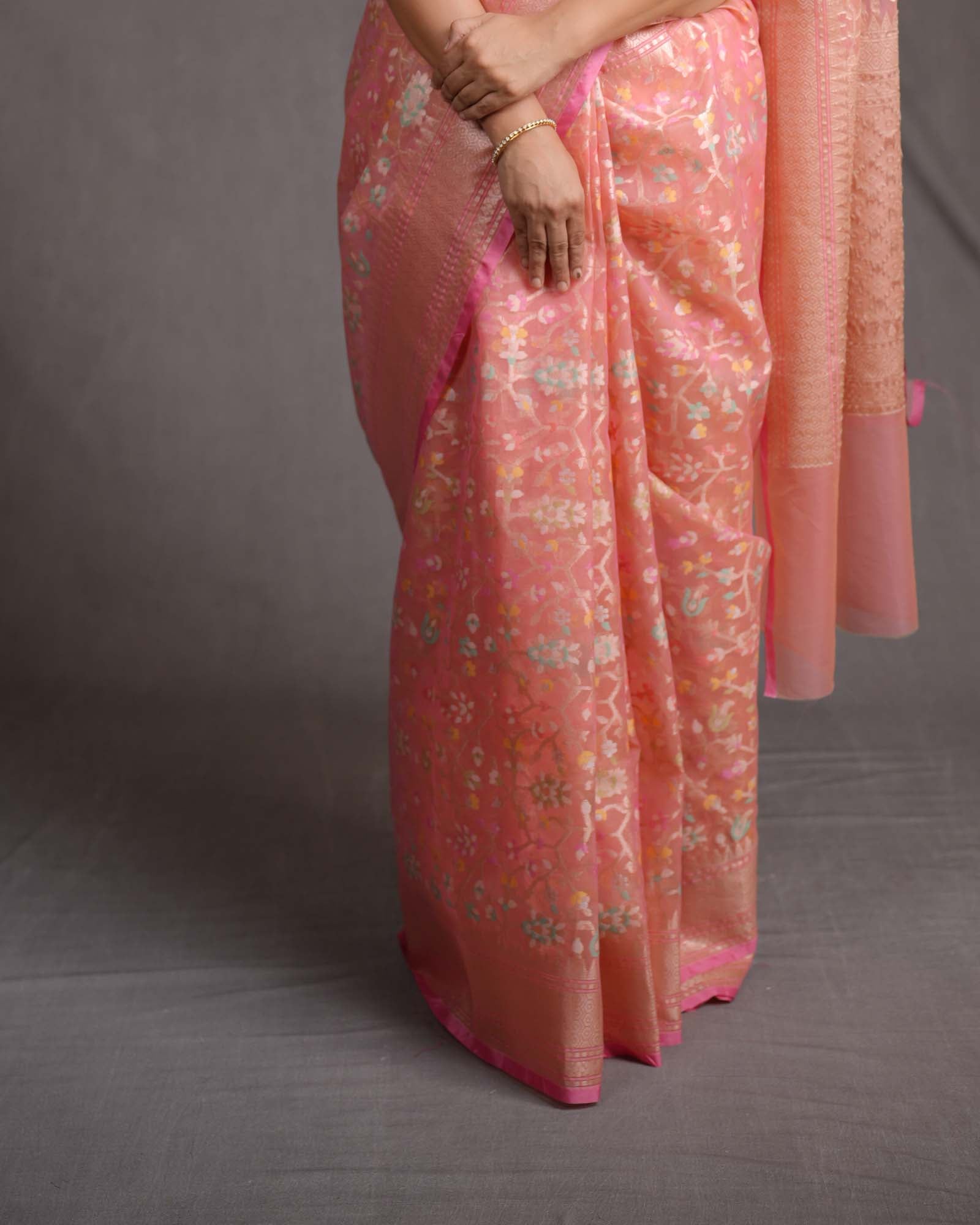 Salmon Pink Banarasi Gold Zari & Meenekari Paisley Jaal Cutwork Brocade Woven Art Kora Silk Saree-HolyWeaves