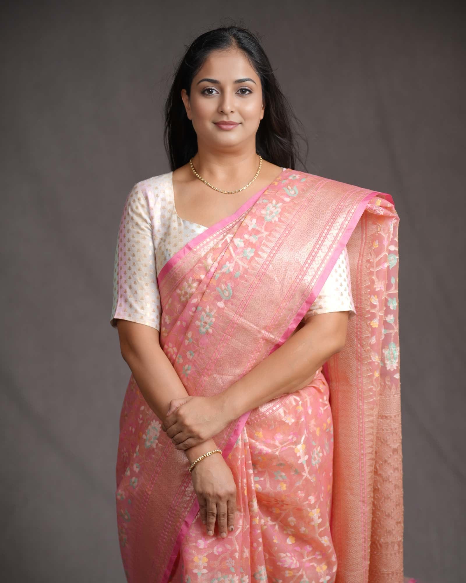 Salmon Pink Banarasi Gold Zari & Meenekari Paisley Jaal Cutwork Brocade Woven Art Kora Silk Saree-HolyWeaves