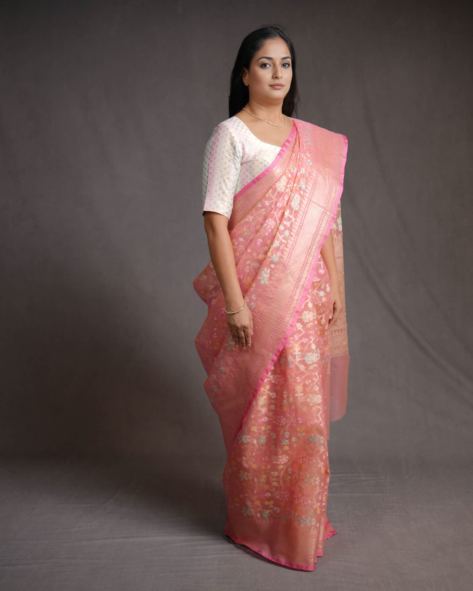 Salmon Pink Banarasi Gold Zari & Meenekari Paisley Jaal Cutwork Brocade Woven Art Kora Silk Saree-HolyWeaves