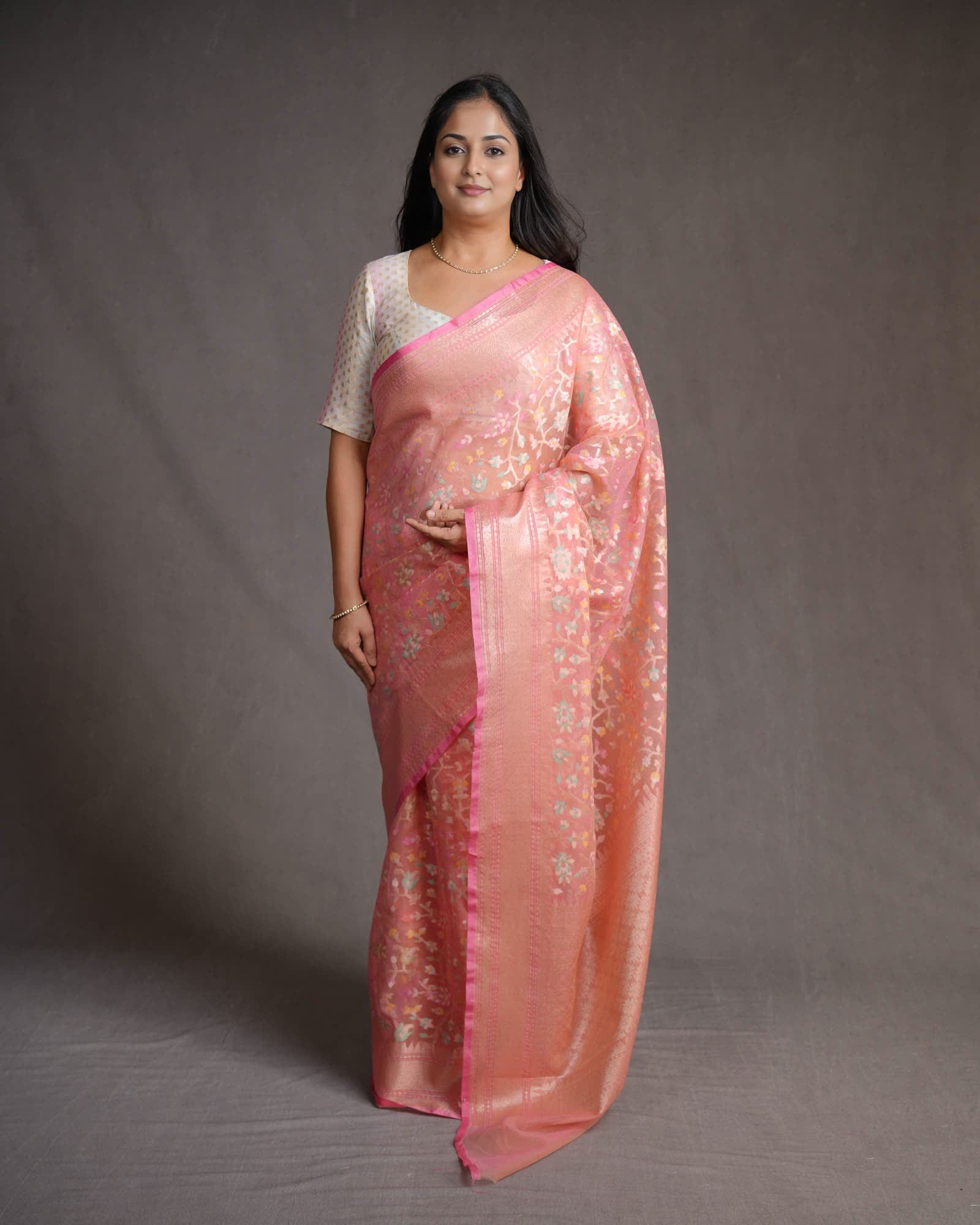 Salmon Pink Banarasi Gold Zari & Meenekari Paisley Jaal Cutwork Brocade Woven Art Kora Silk Saree-HolyWeaves