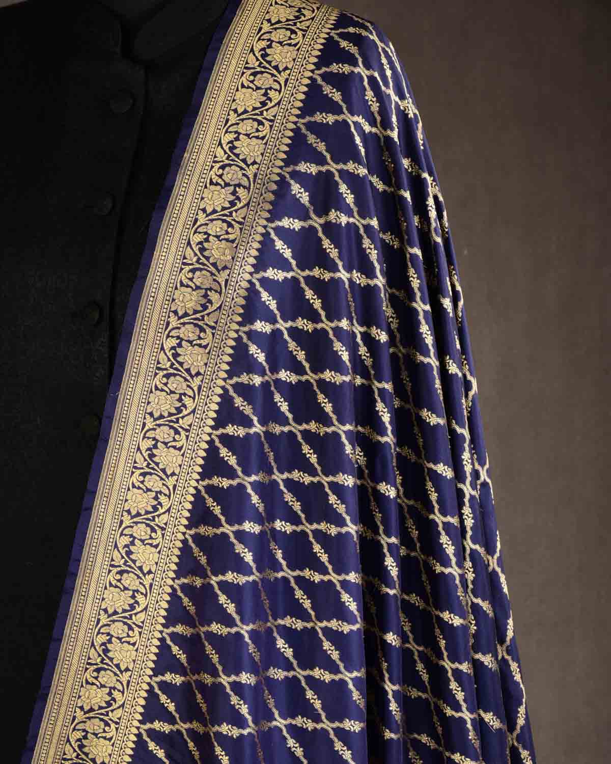 Navy Blue Banarasi Gold Zari Jangla Cutwork Brocade Handwoven Katan Silk Dupatta with Koniya Buta-HolyWeaves