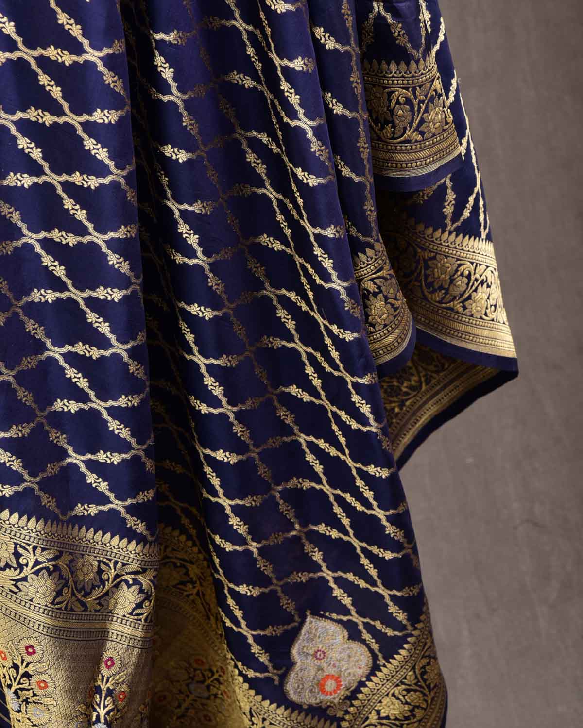 Navy Blue Banarasi Gold Zari Jangla Cutwork Brocade Handwoven Katan Silk Dupatta with Koniya Buta-HolyWeaves
