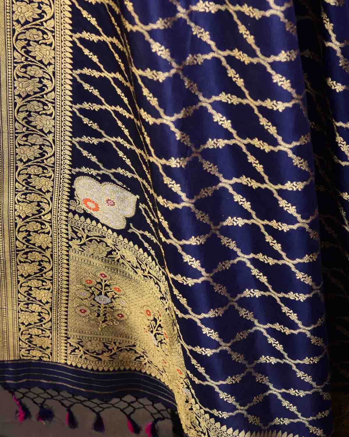 Navy Blue Banarasi Gold Zari Jangla Cutwork Brocade Handwoven Katan Silk Dupatta with Koniya Buta-HolyWeaves