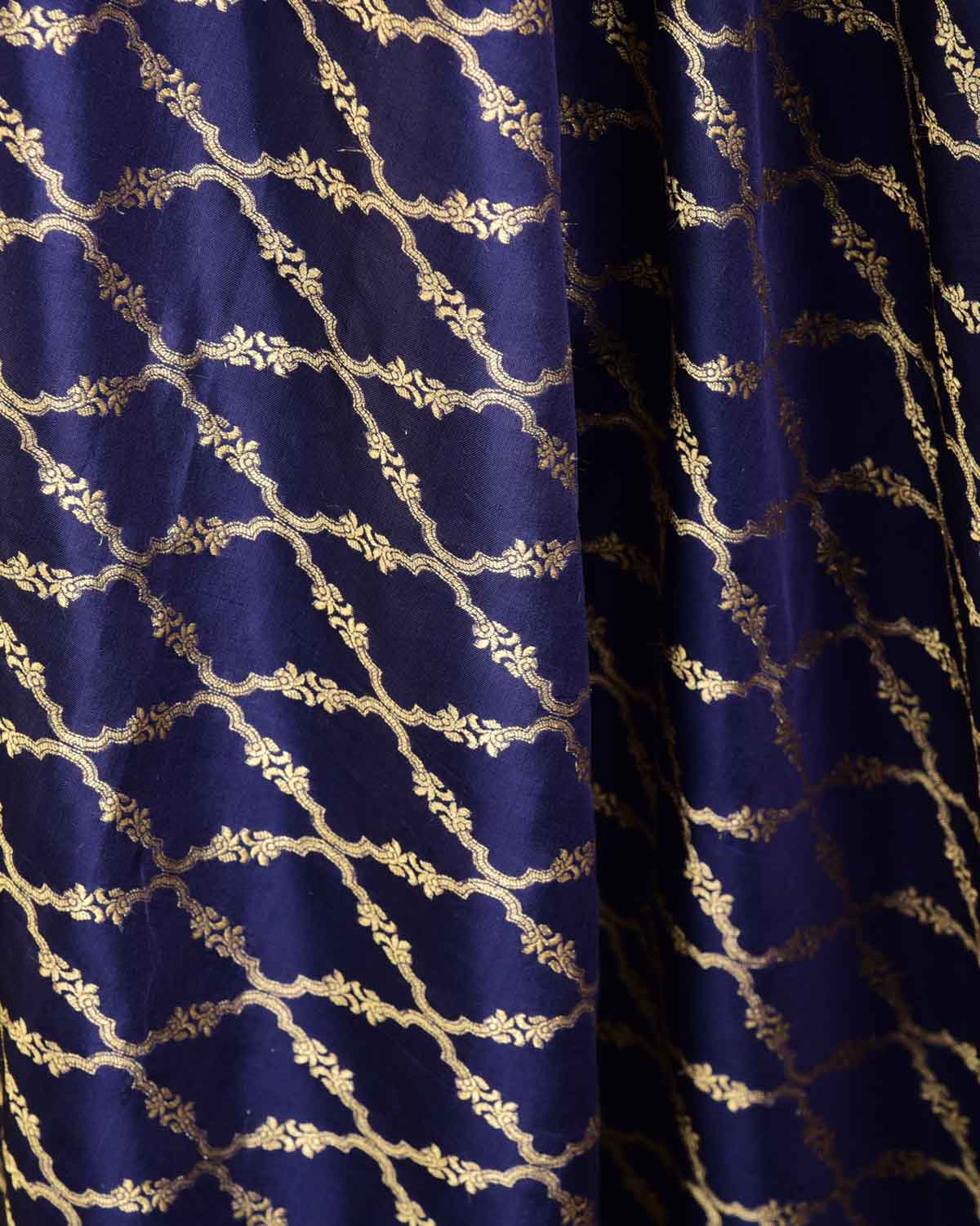 Navy Blue Banarasi Gold Zari Jangla Cutwork Brocade Handwoven Katan Silk Dupatta with Koniya Buta-HolyWeaves