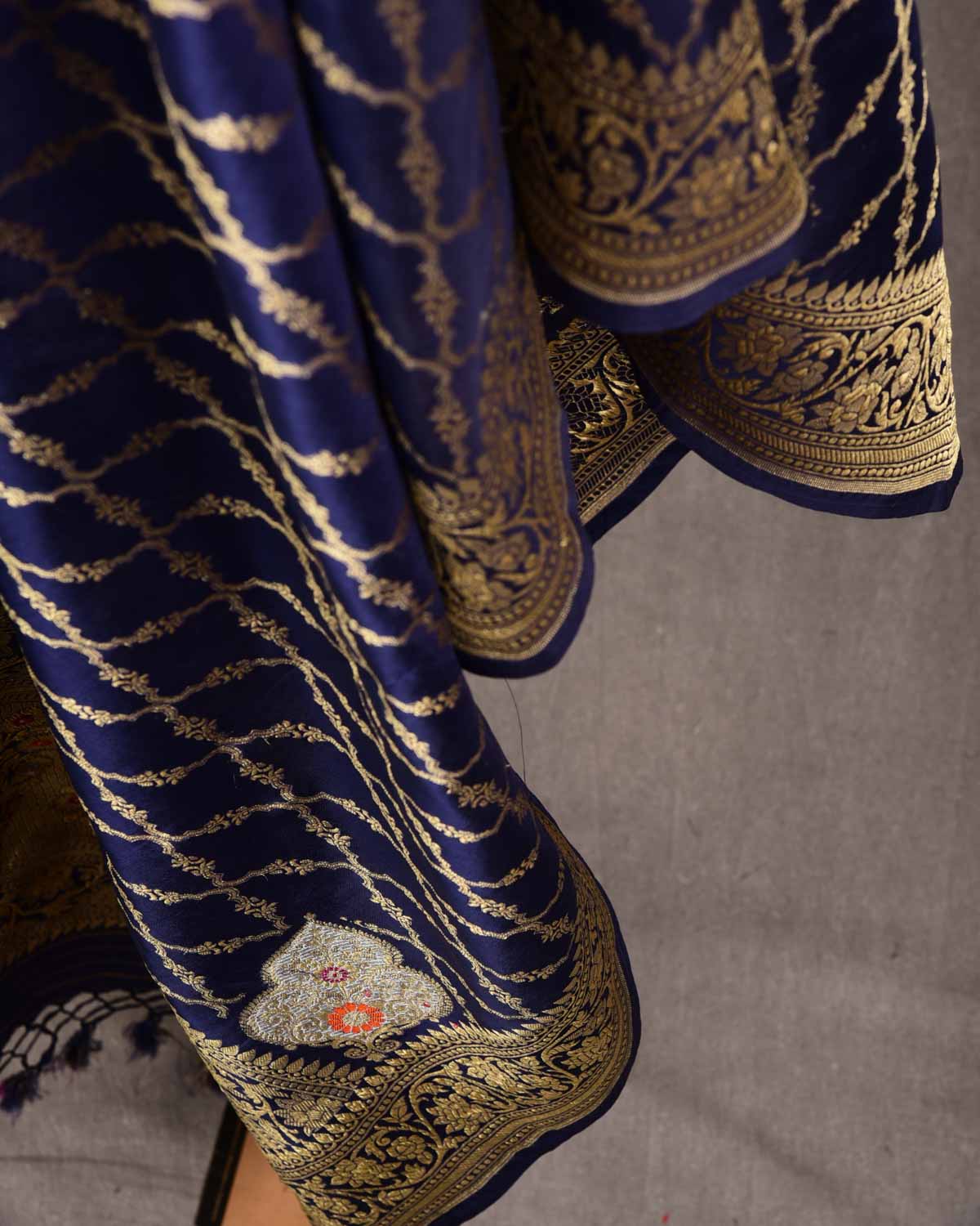 Navy Blue Banarasi Gold Zari Jangla Cutwork Brocade Handwoven Katan Silk Dupatta with Koniya Buta-HolyWeaves