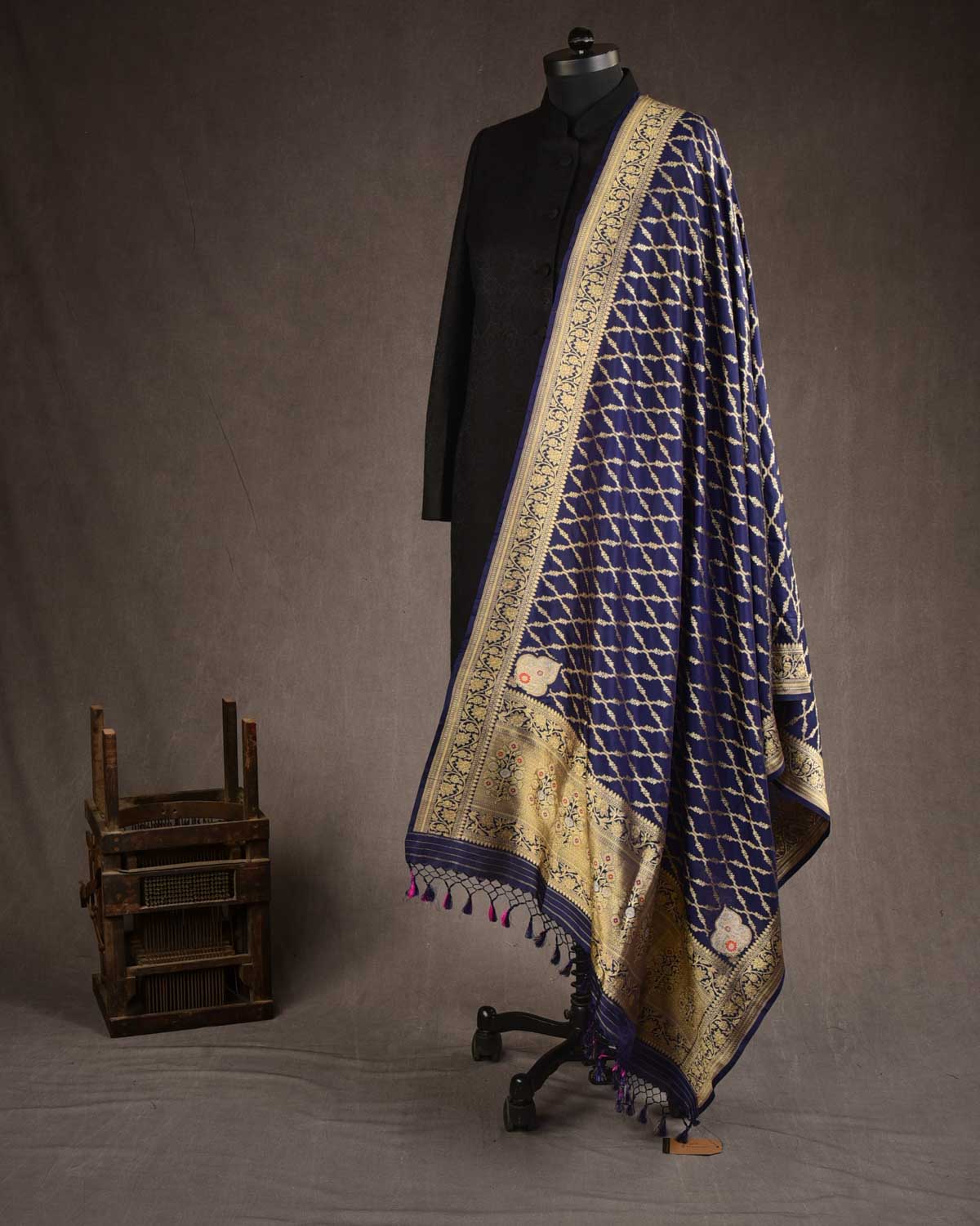 Navy Blue Banarasi Gold Zari Jangla Cutwork Brocade Handwoven Katan Silk Dupatta with Koniya Buta-HolyWeaves