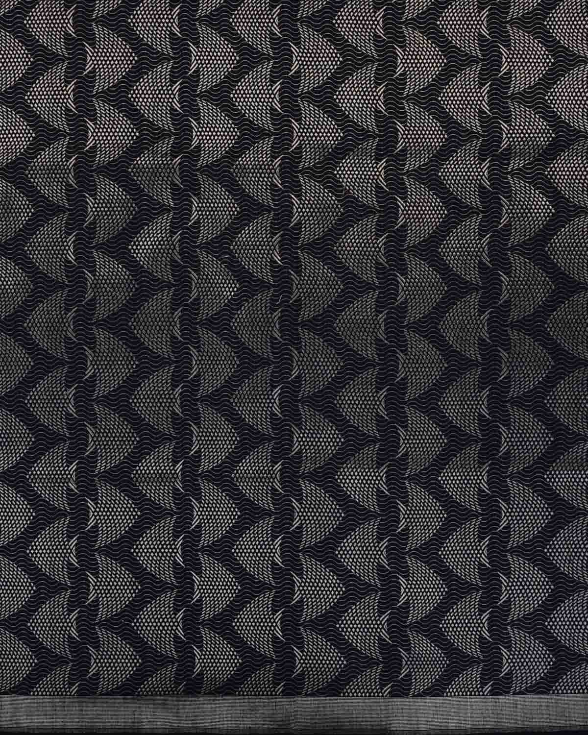 Navy Blue Banarasi Oceanic Pisces Silver Zari Brocade Handwoven Silk Wool Shawl-HolyWeaves