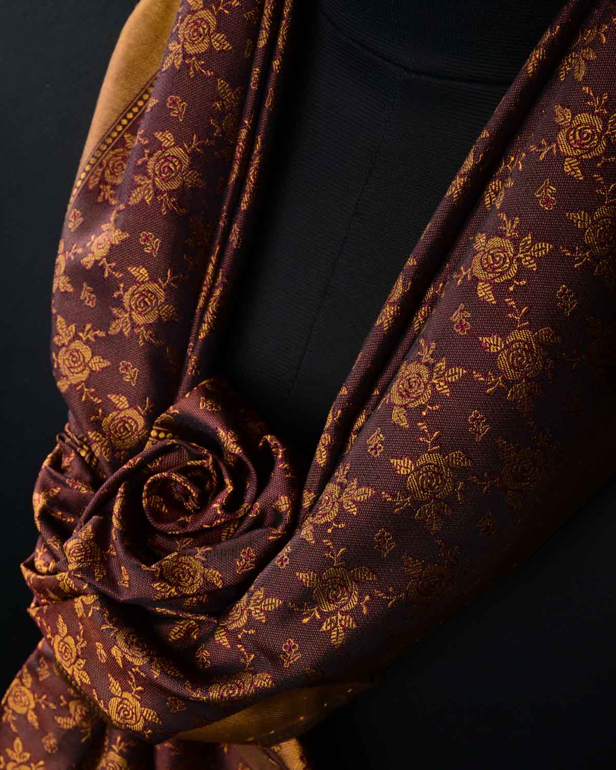 Mustrad On Maroon Banarasi Rose Tanchoi Handwoven Silk Scarf 72"x21"-HolyWeaves
