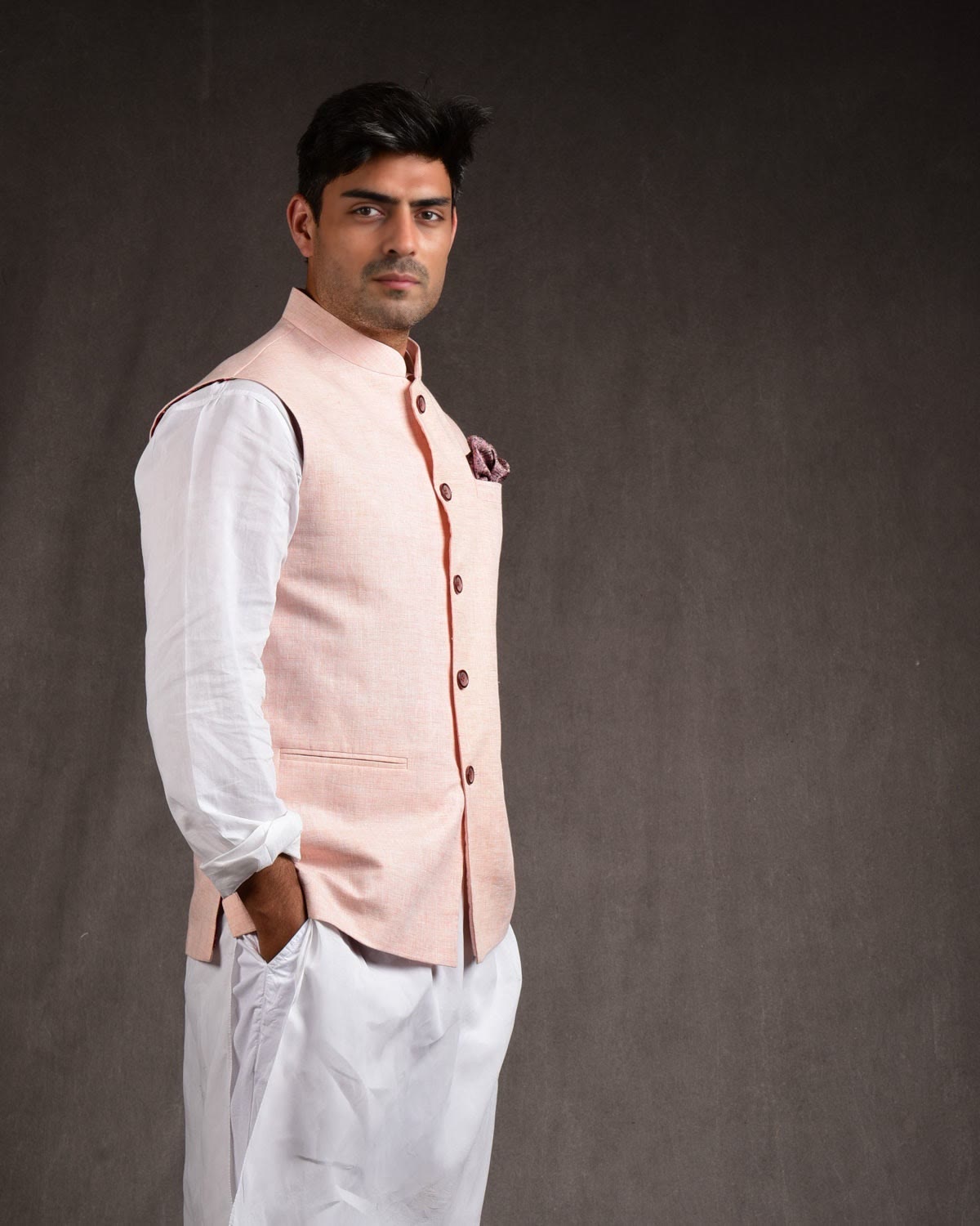 Pastel Peach Linen Mens Modi Jacket-HolyWeaves
