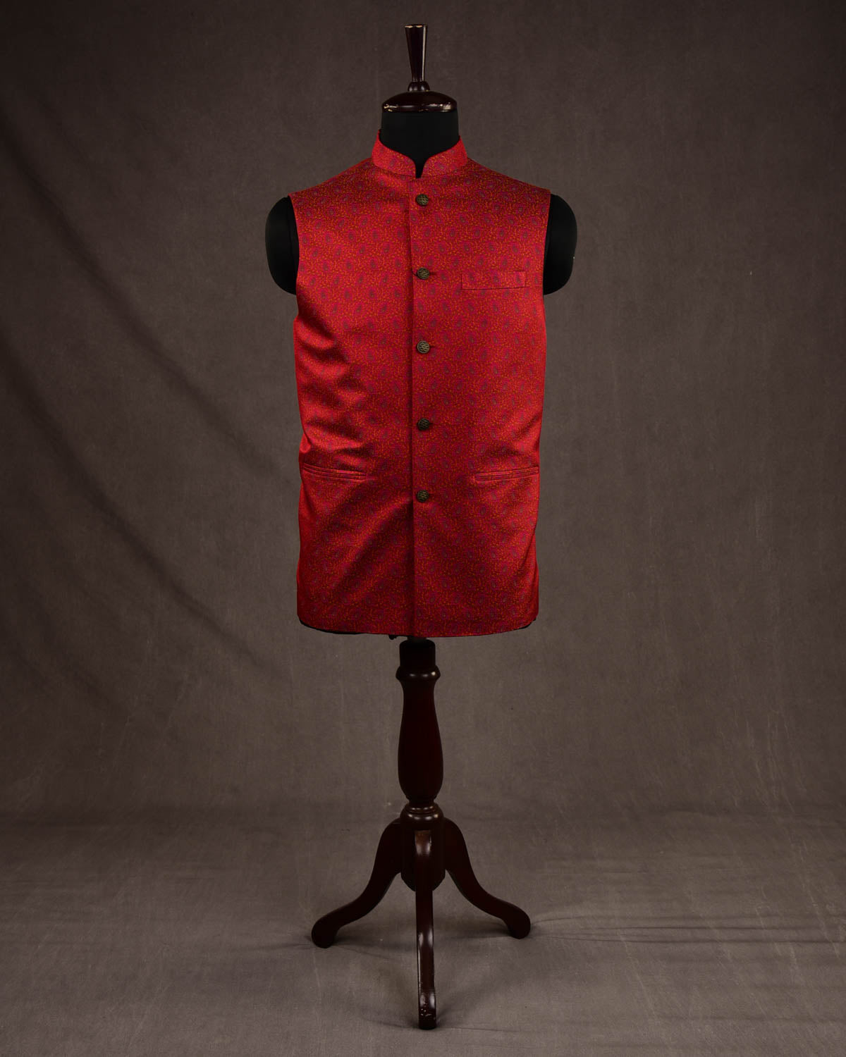 Red Tehri Paisley Jamawar Handwoven Silk Mens Modi Jacket-HolyWeaves