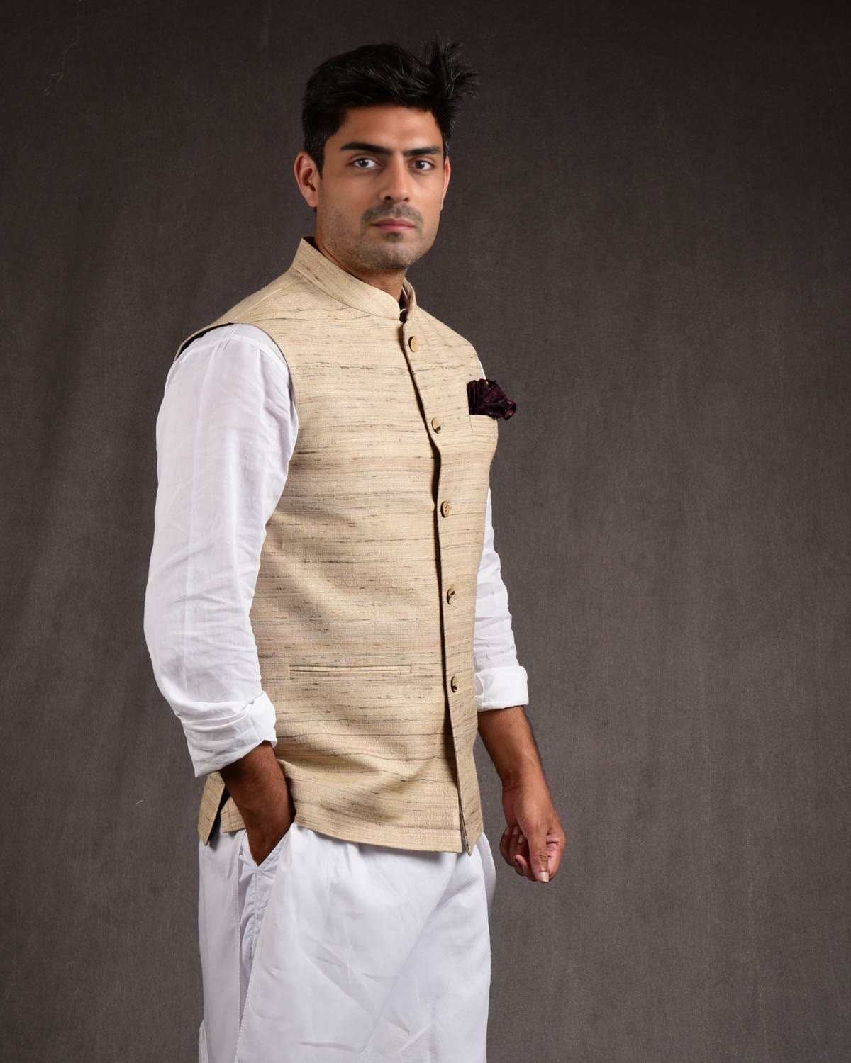 Textured Beige Tasar Khichha Mens Modi Jacket-HolyWeaves