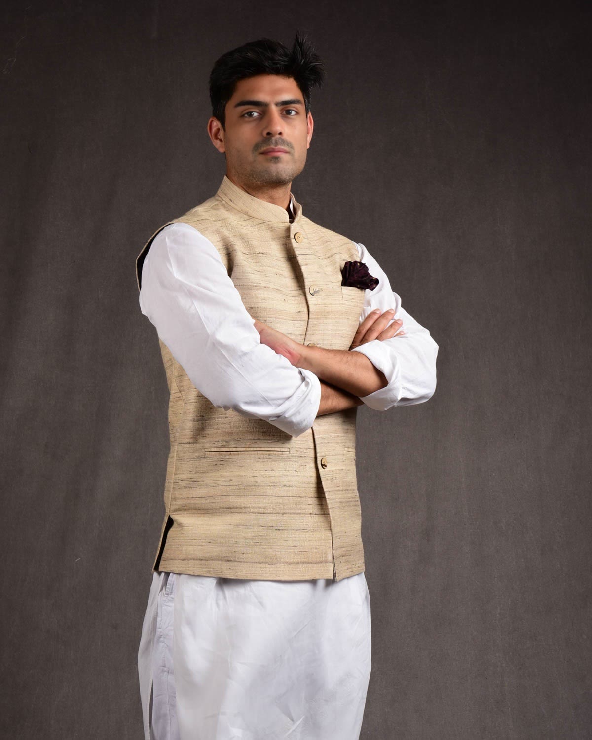 Textured Beige Tasar Khichha Mens Modi Jacket