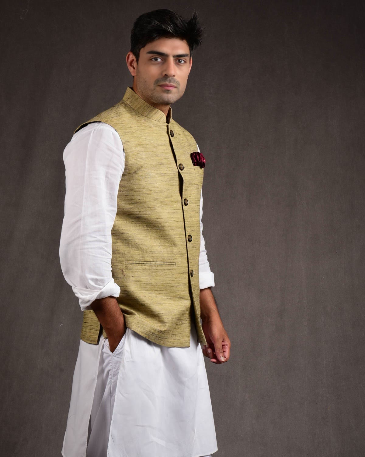 Textured Beige Tasar Khichha Mens Modi Jacket-HolyWeaves