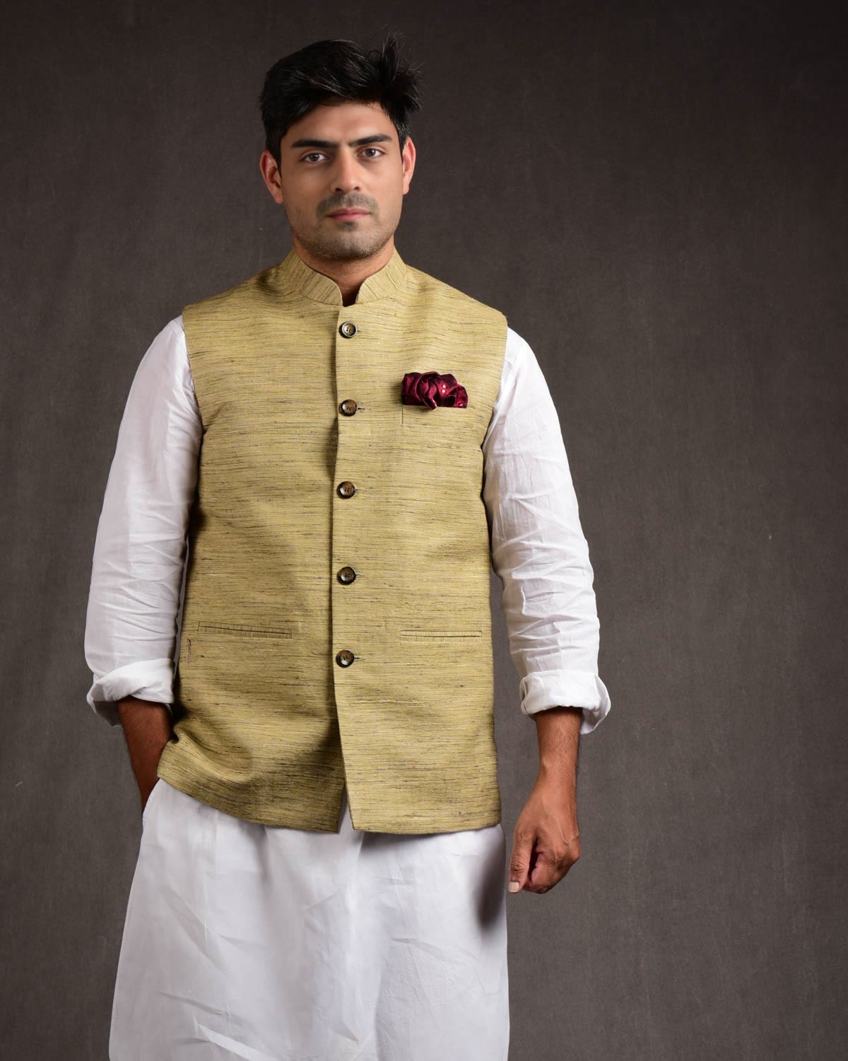 Textured Beige Tasar Khichha Mens Modi Jacket-HolyWeaves