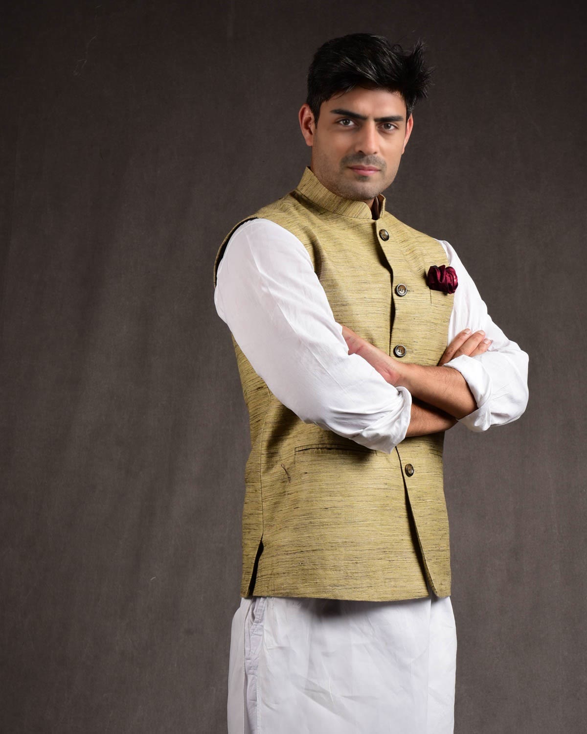 Textured Beige Tasar Khichha Mens Modi Jacket-HolyWeaves