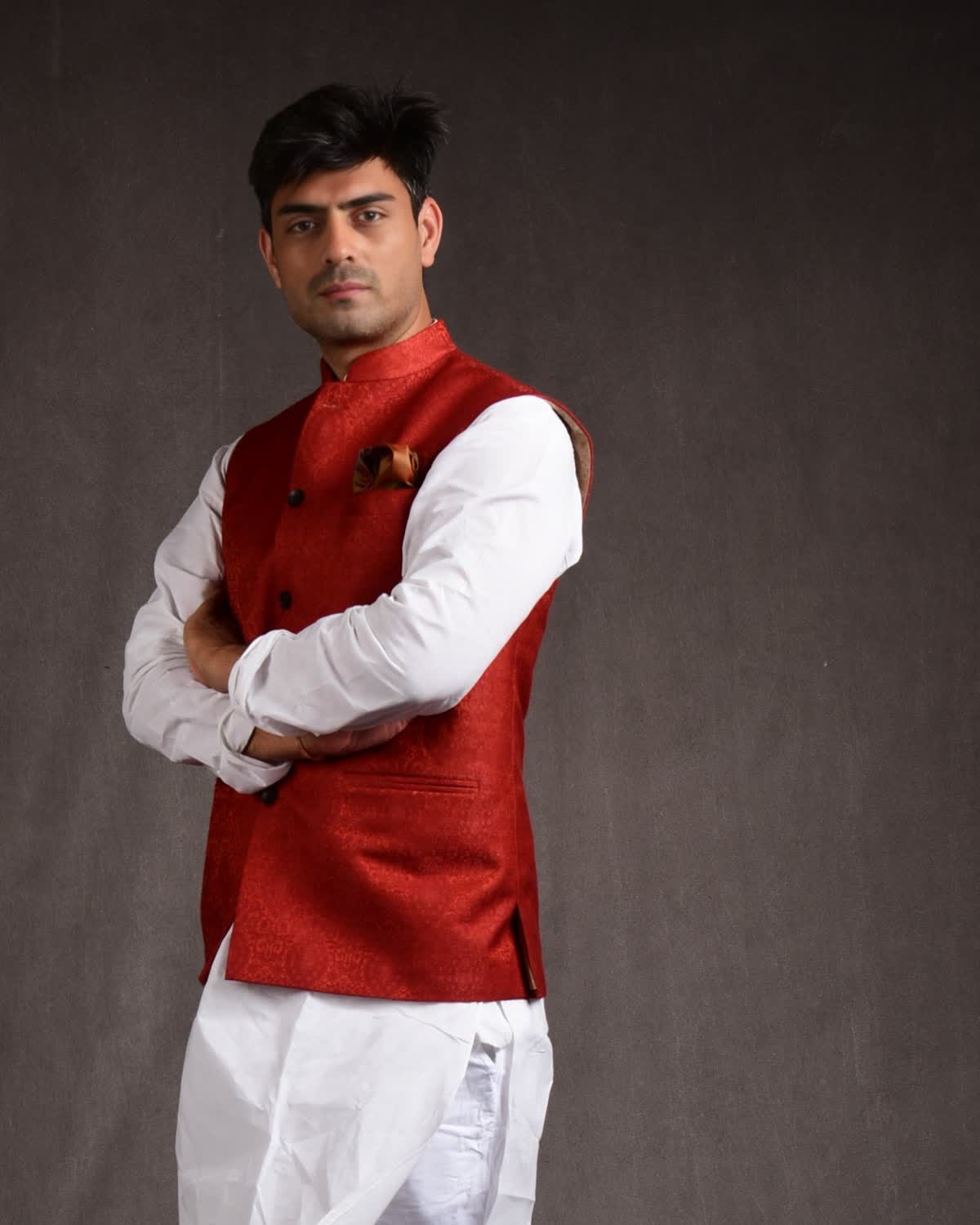 Rust Banarasi Damask Tanchoi Silk Wool Mens Modi Jacket-HolyWeaves