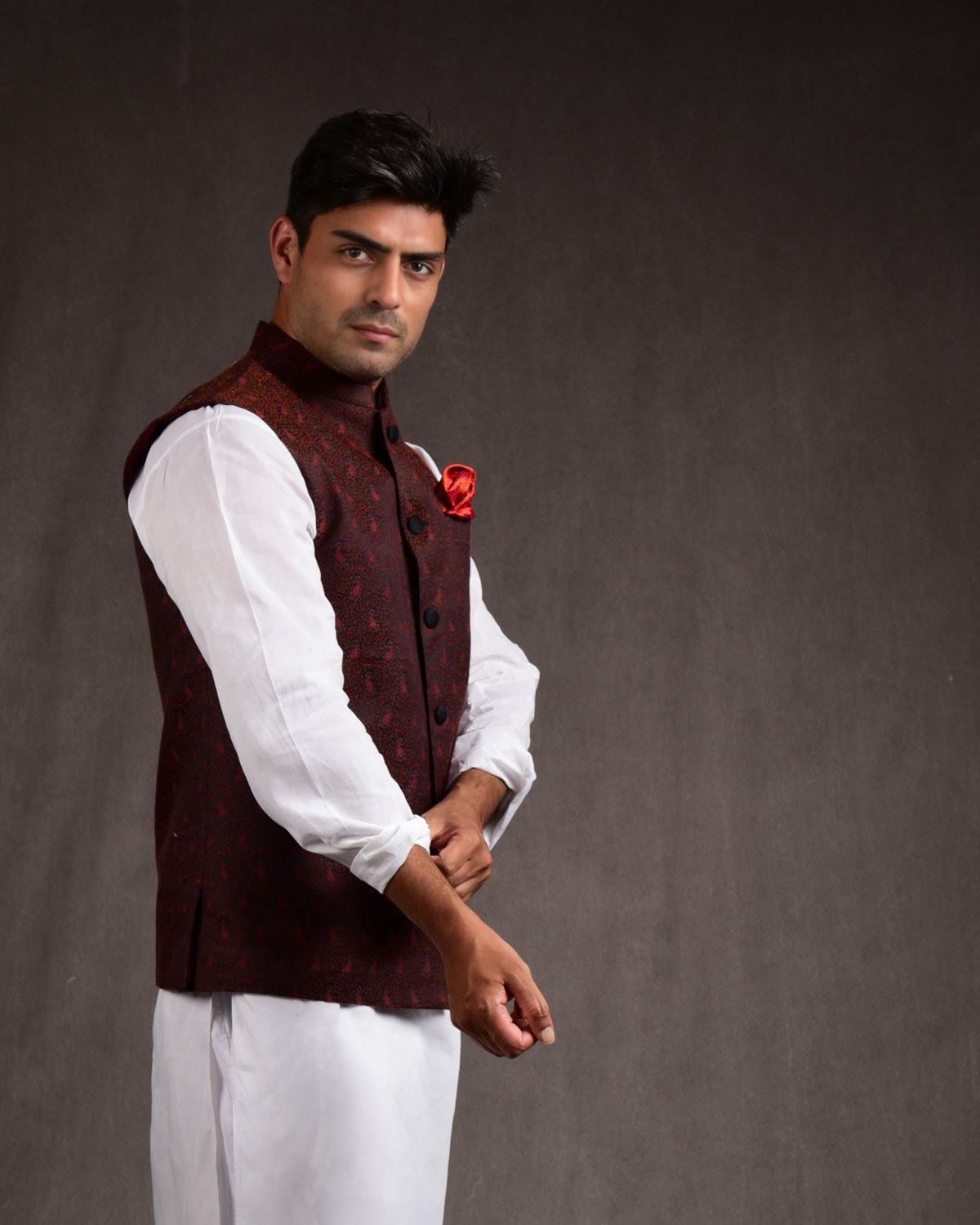 Maroon On Black Banarasi Tehra Jamawar Silk Wool Mens Modi Jacket