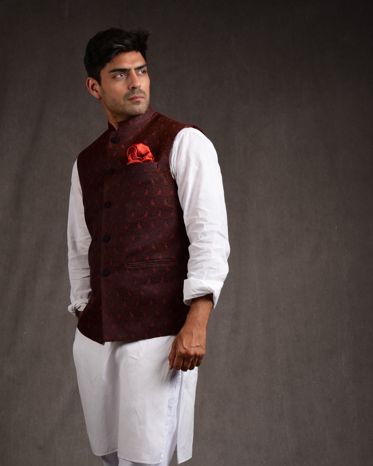 Maroon On Black Banarasi Tehra Jamawar Silk Wool Mens Modi Jacket-HolyWeaves