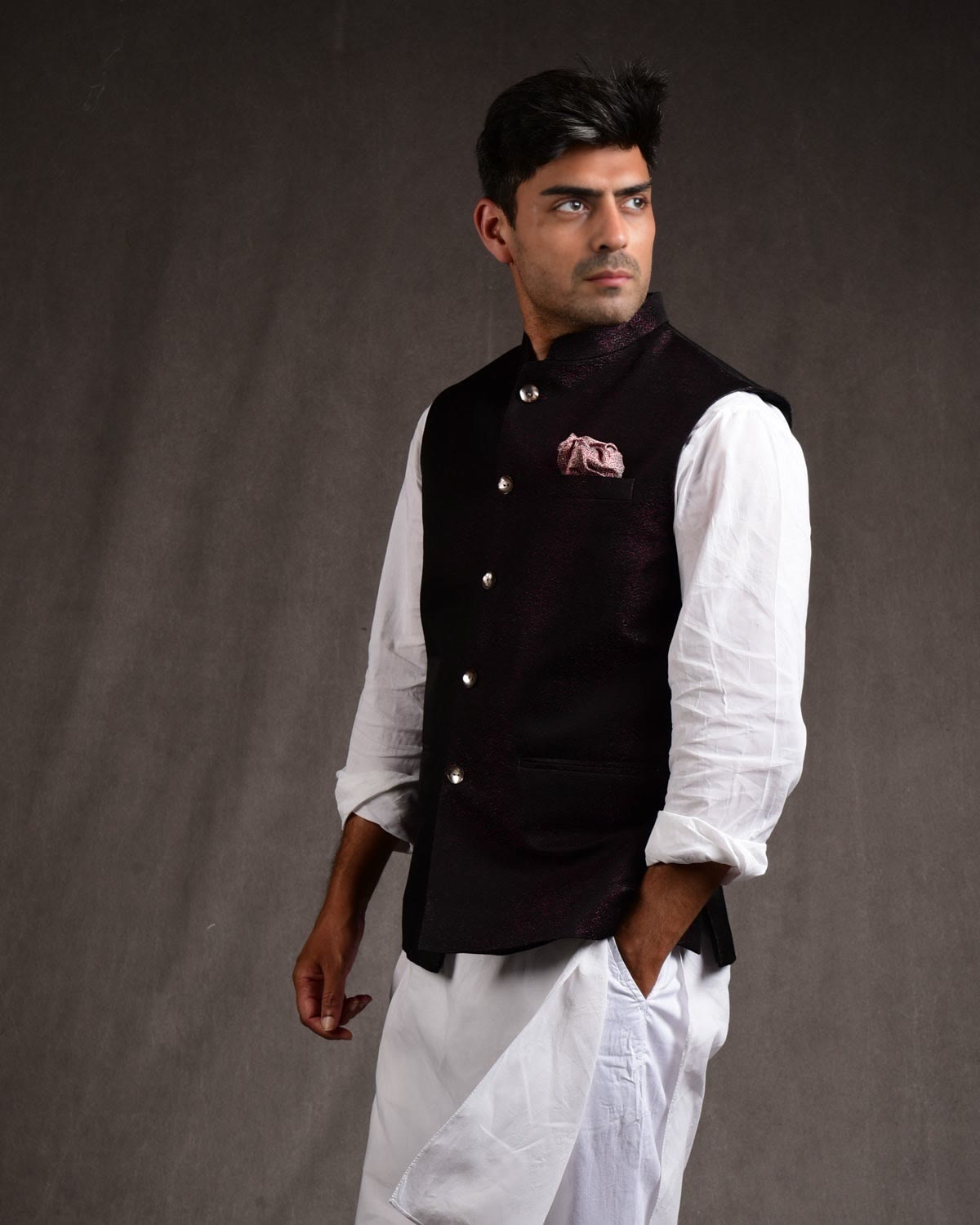 Mulberry Black Colored Zari Brocade Art Silk Mens Modi Jacket-HolyWeaves
