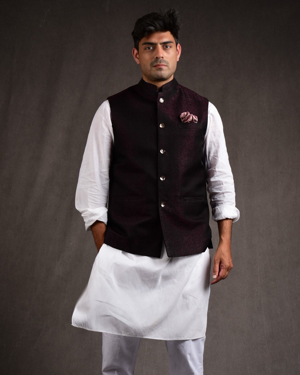 Mulberry Black Colored Zari Brocade Art Silk Mens Modi Jacket-HolyWeaves