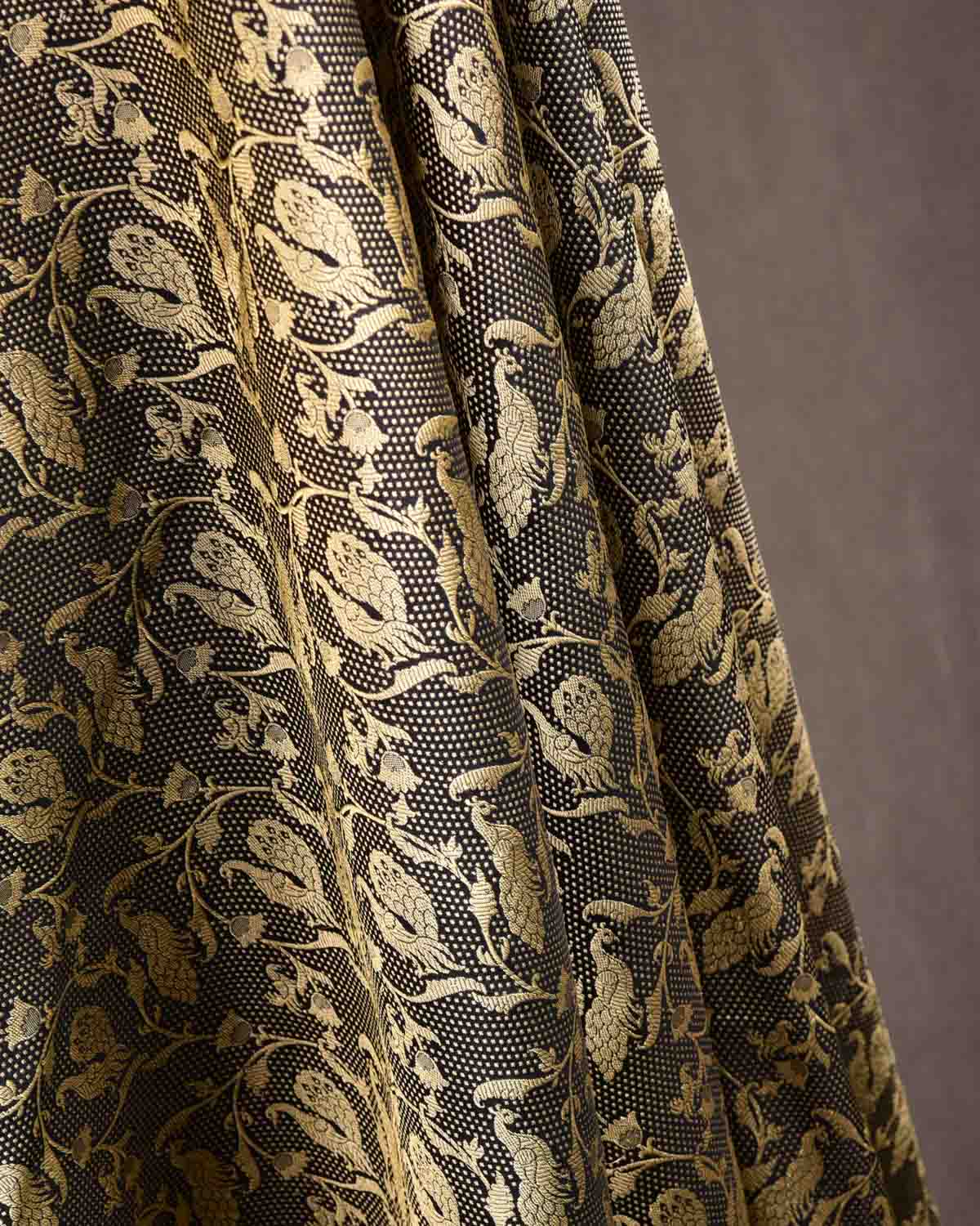 Black Banarasi Gold Zari Peacock Jaal Brocade Handwoven Katan Silk Dupatta-HolyWeaves