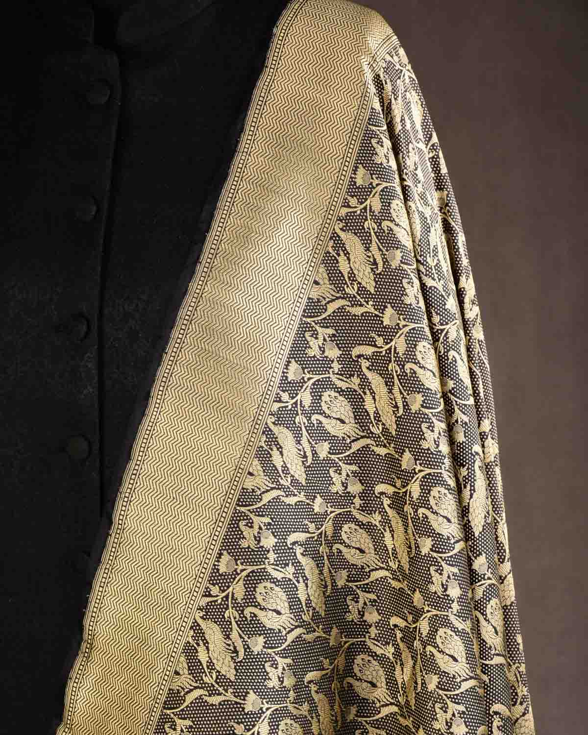 Black Banarasi Gold Zari Peacock Jaal Brocade Handwoven Katan Silk Dupatta-HolyWeaves