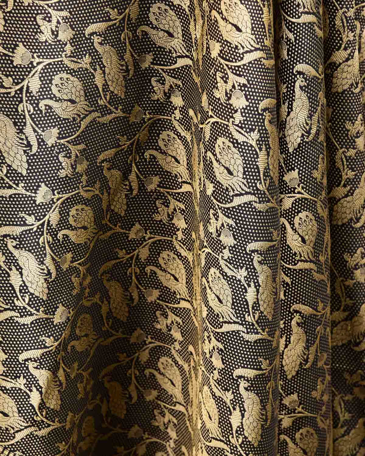 Black Banarasi Gold Zari Peacock Jaal Brocade Handwoven Katan Silk Dupatta-HolyWeaves