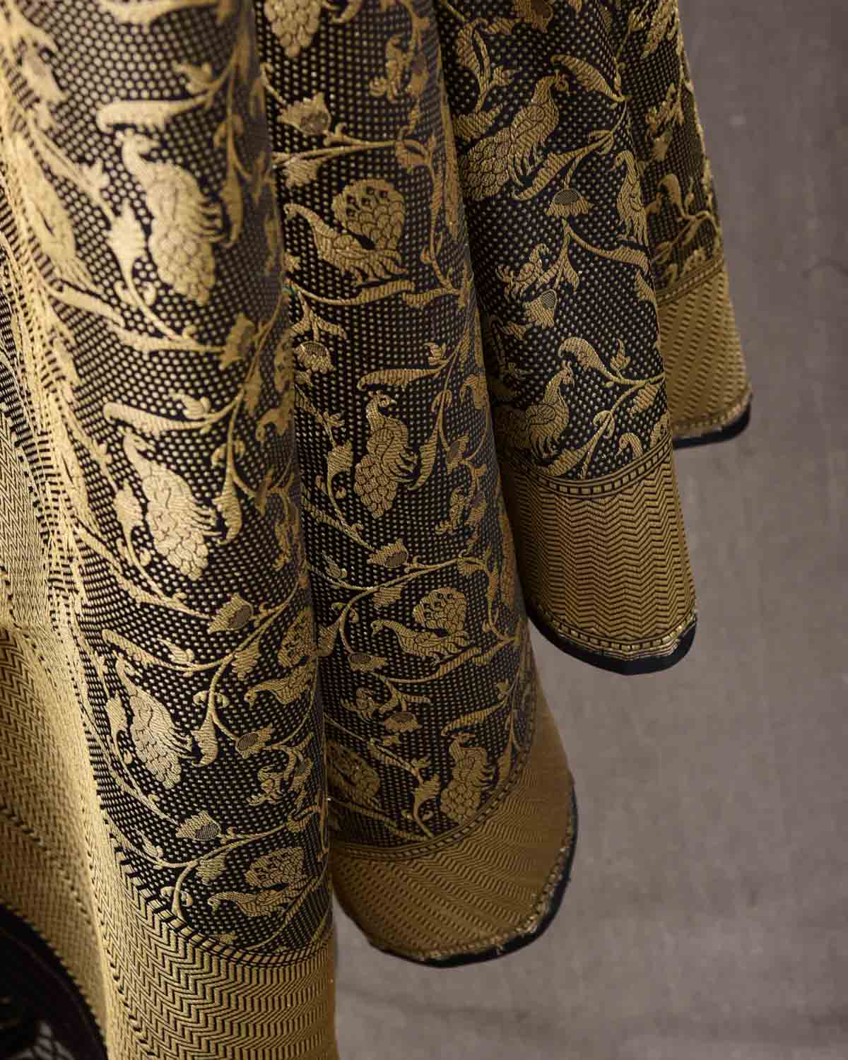Black Banarasi Gold Zari Peacock Jaal Brocade Handwoven Katan Silk Dupatta-HolyWeaves