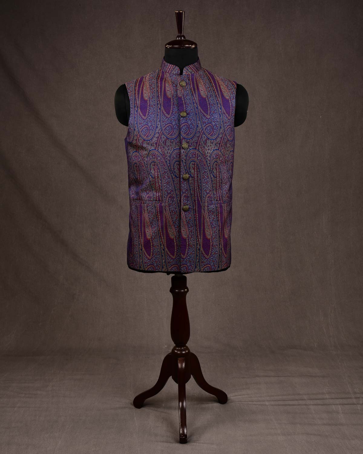 Blue Paisley Chauhara Jamawar Handwoven Silk Mens Modi Jacket-HolyWeaves