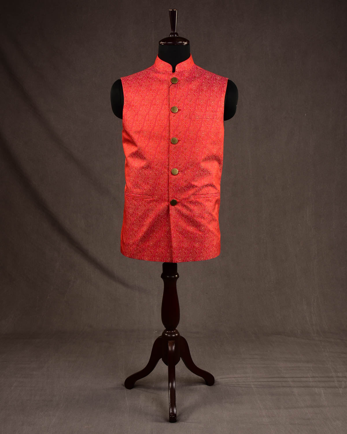 Vermilion Diagonal Paisley Tehra Jamawar Handwoven Silk Mens Modi Jacket with Gold Zari Accents-HolyWeaves