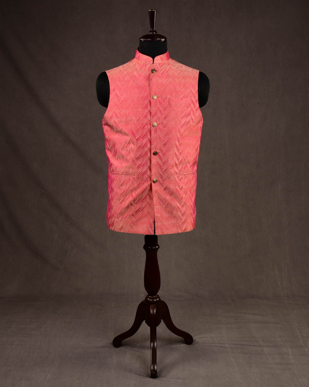 Vermilion Gold & Silver Zari Glitch Chevron Brocade Handwoven Silk Mens Modi Jacket-HolyWeaves