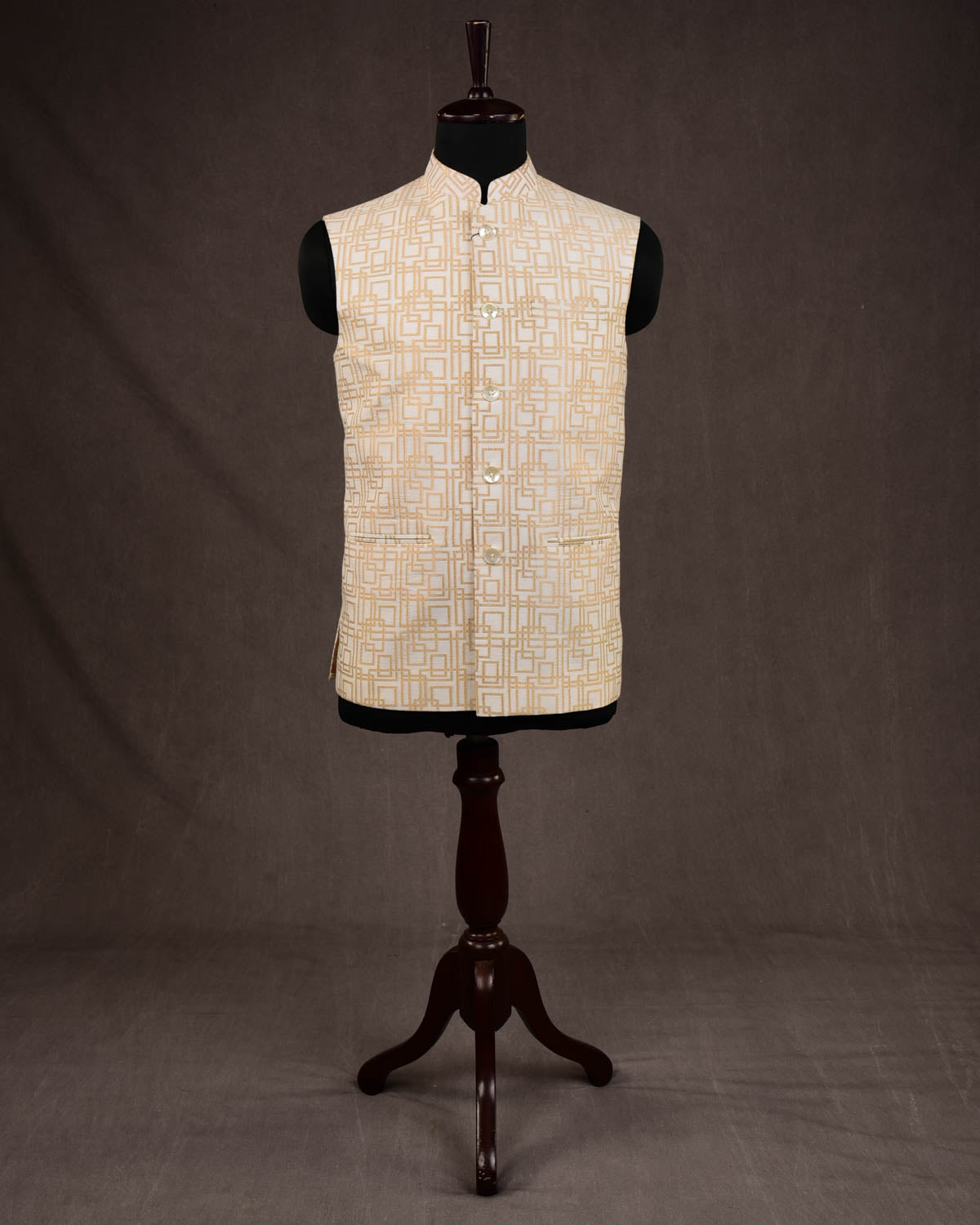 Ivory White Gold Zari Square Grids Brocade Handwoven Cotton Silk Mens Modi Jacket-HolyWeaves