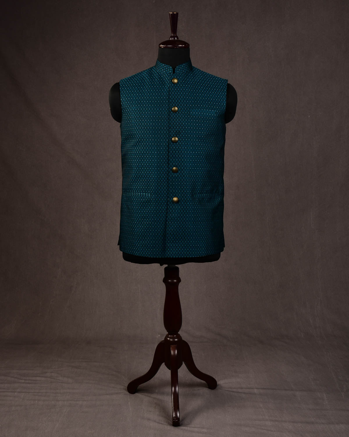 Rama Green Tanchoi Brocade Handwoven Silk Mens Modi Jacket with Gold Zari Accents-HolyWeaves