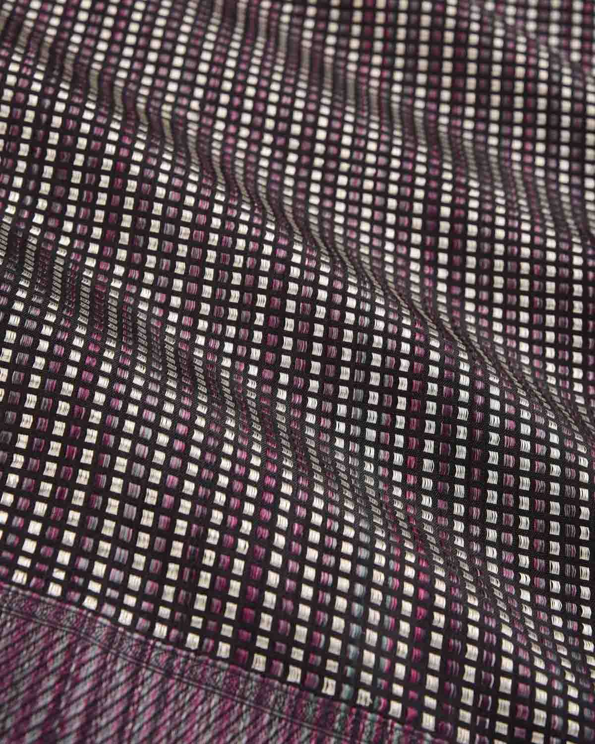 Black Banarasi Resham & Zari Stripes Brocade Handwoven Katan Silk Saree with Multicolor Resham Border Pallu-HolyWeaves