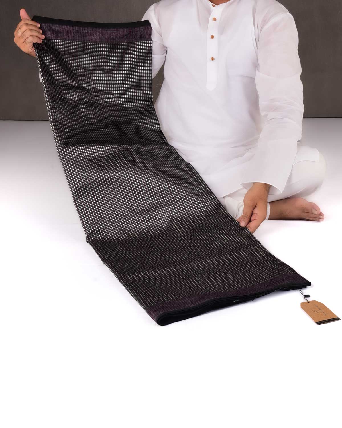 Black Banarasi Resham & Zari Stripes Brocade Handwoven Katan Silk Saree with Multicolor Resham Border Pallu-HolyWeaves