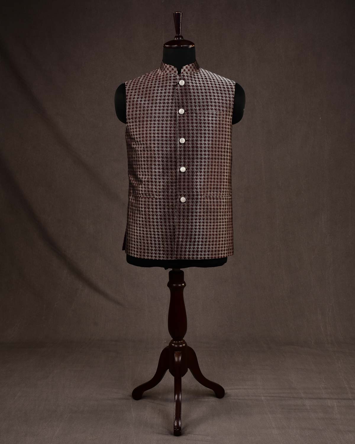 Mahogany Silver Zari Houndstooth Brocade Katan Silk Mens Modi Jacket-HolyWeaves