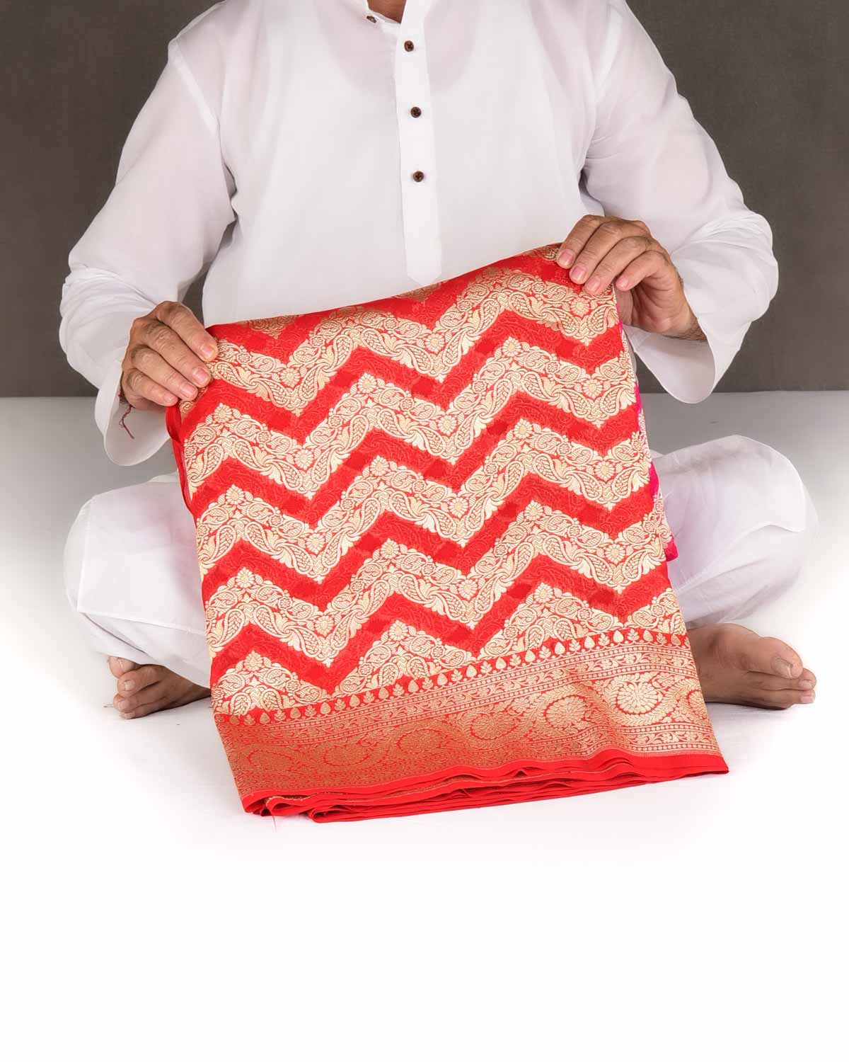 Ombre Red-Pink Gold Zari Ornament Chevron Cutwork Brocade Handwoven Khaddi Georgette Banarasi Saree-HolyWeaves