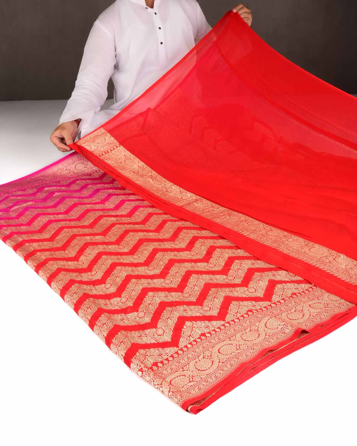 Ombre Red-Pink Gold Zari Ornament Chevron Cutwork Brocade Handwoven Khaddi Georgette Banarasi Saree-HolyWeaves